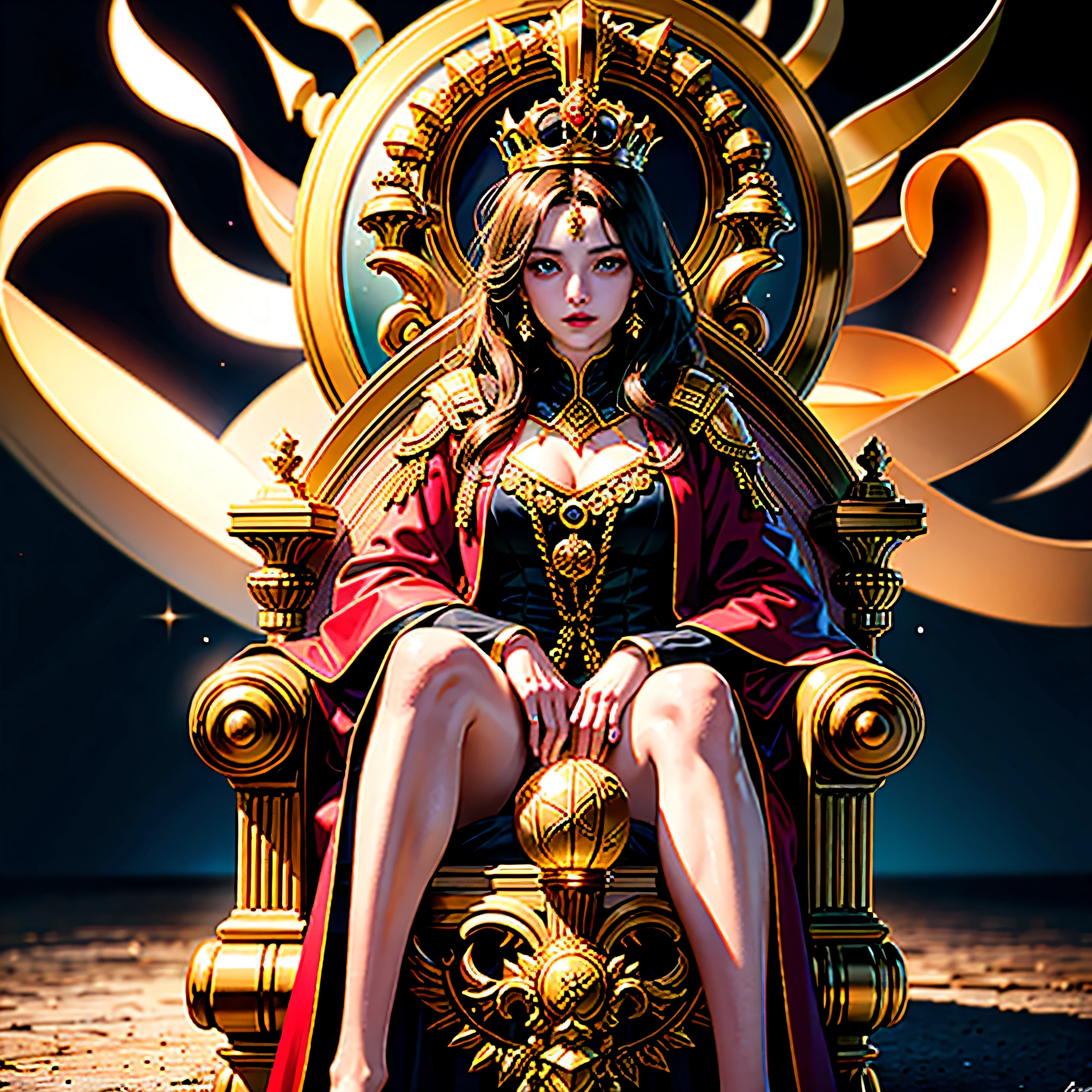 Throne, glory, queen of queen , pride,Sun shining bright, gold throne, greates throne, so very large, HD lighting and dark )<=(epic image quality)dark atmosphere with bright particle light(many effects in background)