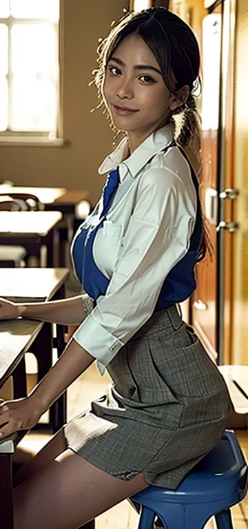 8k,Live-action adaptation,Photo Images,An african Asian woman posing in a white shirt and blue short skirt, wearing in shirt, touching her clothes, hyperRealistic schoolgirl, Realistic schoolgirl, a hyper realistic schoolgirl, Office Clothes, Revealing clothes, wearing headmistress uniform, (SFW) safe for work, intriguing outfit, Wearing school uniform, 制服を着たWearing school uniform, Wearing a blouse,Smiling,