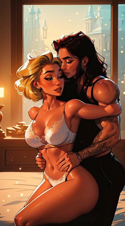 Muscular Handsome European ( tall&==((short-haired))) shirtless barbarian man with beard absolutely surrounded and being hugged and touched by (((three))) sexy women harem girlfriends bitches feeling his muscles and groin, women: long Flowing voluminous hair And curvy bodies with wide hips and nice asses, women wearing robes and underwear in a state of undress for clothes with straps draped on shoulders and waistbands on thighs, nobody looks identical, each person has a unique hair color and race and skin color, three of the hottest women to ever live loving this man, the three women share him as a boyfriend and enjoy helping him feel pleasure together, there are so many gorgeous women are here around this one man, they are desperately close to each other, expressions of ecstasy and joy and love on their faces, wrestling , hugging, tackling, massaging, grinding, Flirtatious, lounging in the fancy bedroom of a fantasy castle with windows, night and snowy winter outside, romantic candlelight that glows, worshipping him, sexual, kissing, sexualized positions, glowing glistening wet skin, tattoos, , jewelry, faces of pleasure and joy, pressing themselves together, romance novel cover poses, women competing for attention , one woman to his right and one woman to his left and one woman behind him, full body shot, (((ONLY ONE MAN))), orgy, if one woman has dark hair then the second one must have red hair and the third have blonde hair. If one is Asian than the other one is European and the third one is Polynesian and the fourth is African, nobody looks at the camera, everybody looks into another person's eyes, some women face Forward while other's face sideways and others face behind but all of them are facing the man
