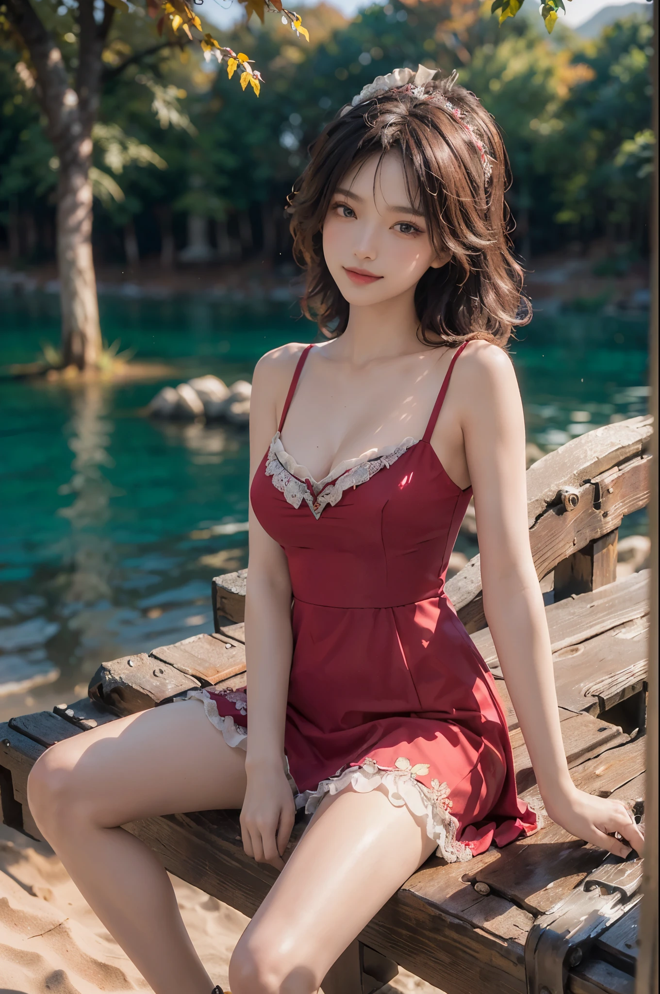 red dress, maid headdress, Dark theme, Redlip, a matural female, cosmetics, largeeyes. pretty eyes, ((Random shooting angle best quality, tmasterpiece:1.2), ultra - detailed, (actual:1.37), The beautiful, youthful, Charming model with (詳細な目, 詳細な唇, extremely 詳細な目), white and floral, show a bright smile, long slim figure, legs long, Created a stunning depiction of a girl enjoying the sun, Outdoor sports, sandbeach, On the pier, a warm color palette, Extremely high color saturation, offcial art, extremely detaild的 CG unified 8k wallpapers,(HighDynamicRange :1.4), (Cinematic),(pastelcolor, dull colors, Soothing tone :1.3), (Natural skin texture, ultra-actual, softlighting, Sharp),(The is very detailed), natta, autumnal, autumnal maple leaves, profesional lighting, Leaning against the guardrail, looking at the distance