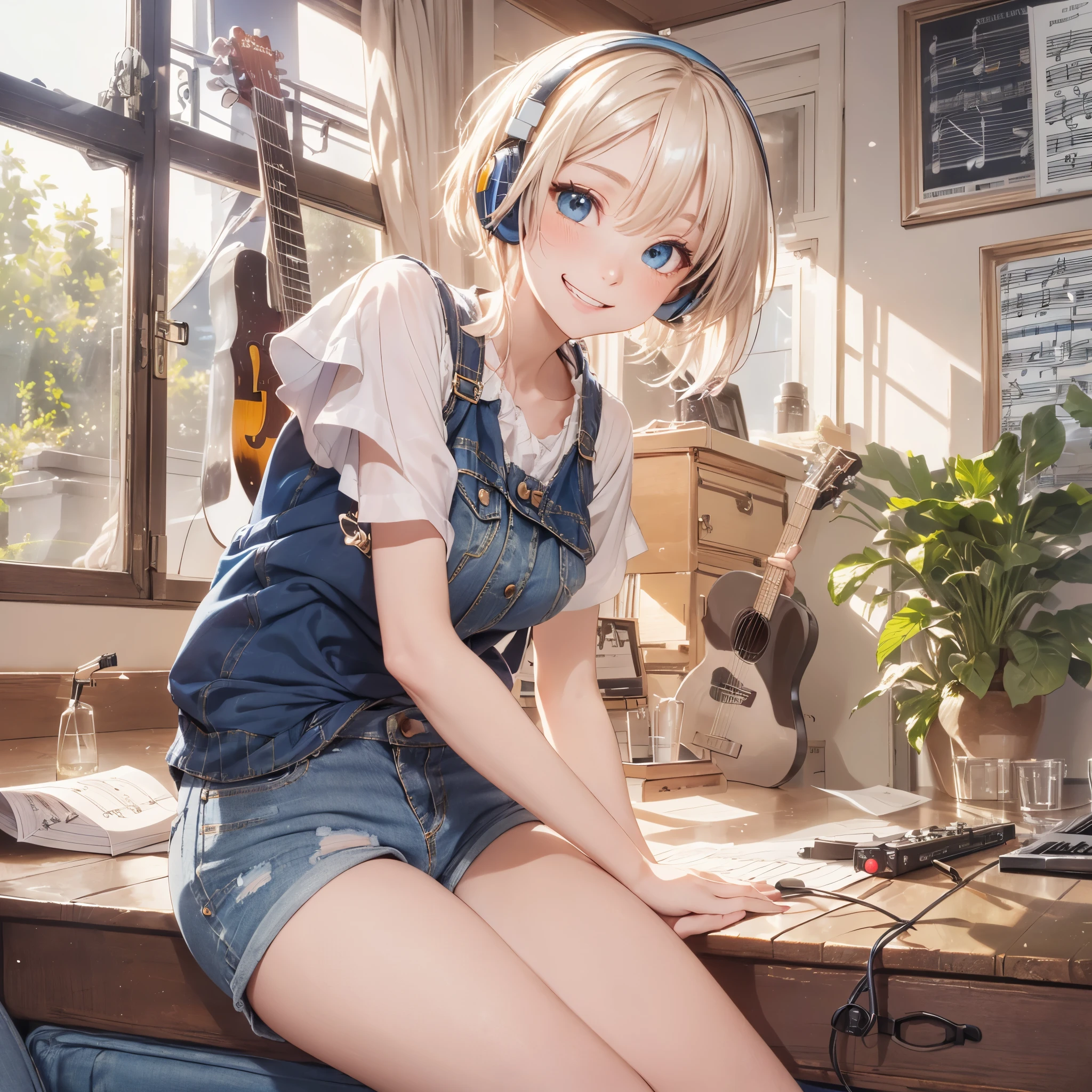 absurderes,(Solo 1.1),ultra-detailliert,bright colour,extremely beautiful detailed anime face and eyes,Short hair,Asymmetrical bangs and short twintails),Shiny hair,Put on headphones,Lots of audio equipment,Guitar,There is a large piano in the room,(There are many sheet music on the floor:1.3),delicate and beautiful face,red blush,(Deep Blue Eyes:1.2), (Happy smile:1.4),(Short denim pants:1.3),Shiny hair,(Naughty smile),(Bright sunshine),(glint),You can see the blue sky from the window,