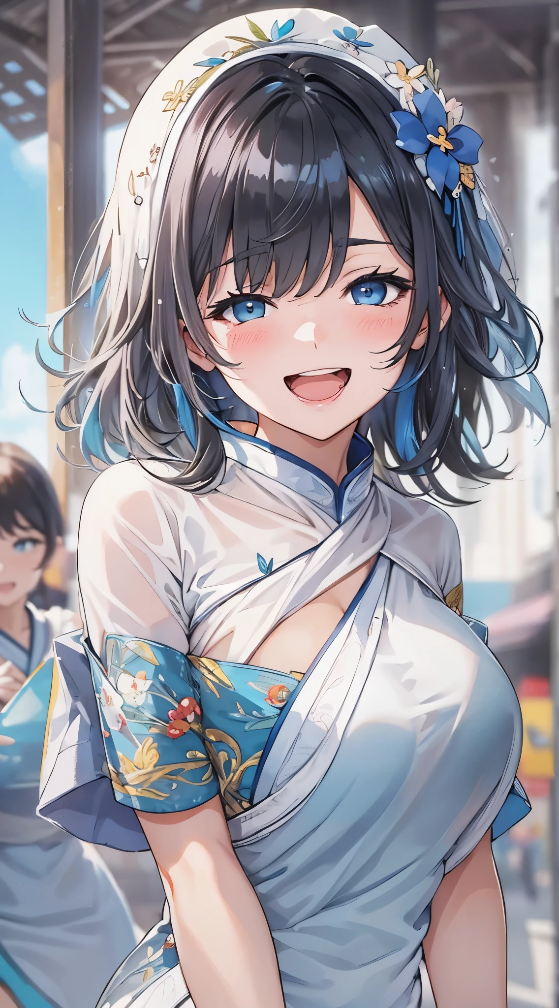 1womanl,Black hair,years ,(()),Beautiful breasts,(((sexy white and blue shiny cheongsam)))(())(((Blushing cheeks、Smile with open mouth)),(((Satin Narico))),((( portlate))),Crowds,white and blue cheongsam