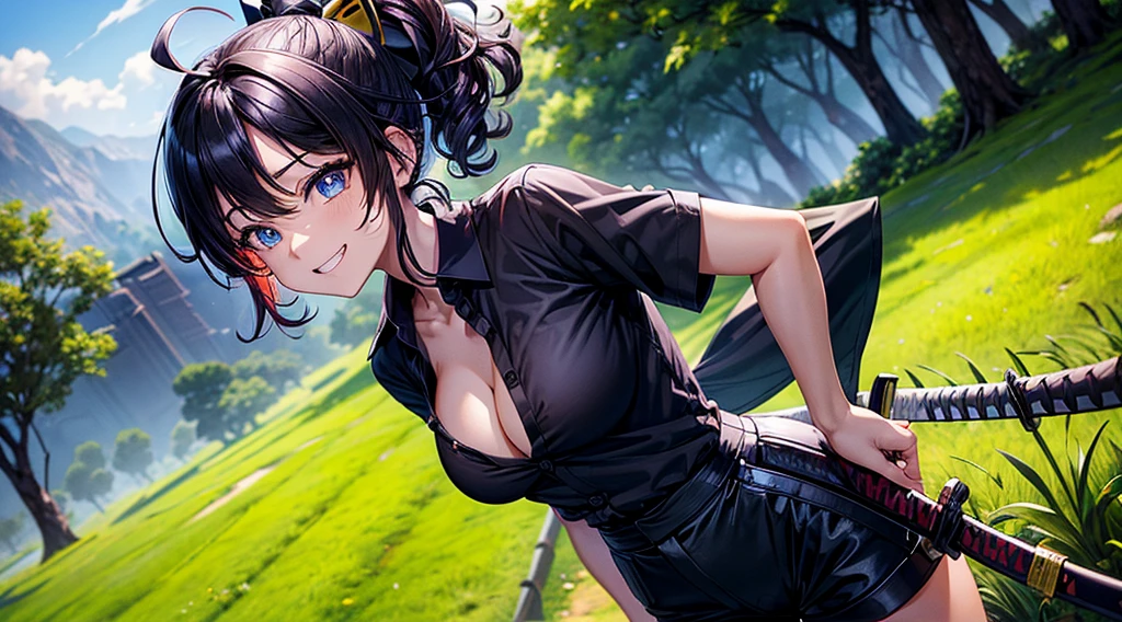 1girl, solo, village, trees, colorful hair, curly hair, ponytail, large breasts, button down shirt, ninja, ((black shirt)), ((unbuttoned shirt)), ((short sleeved shirt)), blue eyes, black shorts, katana, grin, looking at the viewer, ((standing)), hair ribbon, bandage