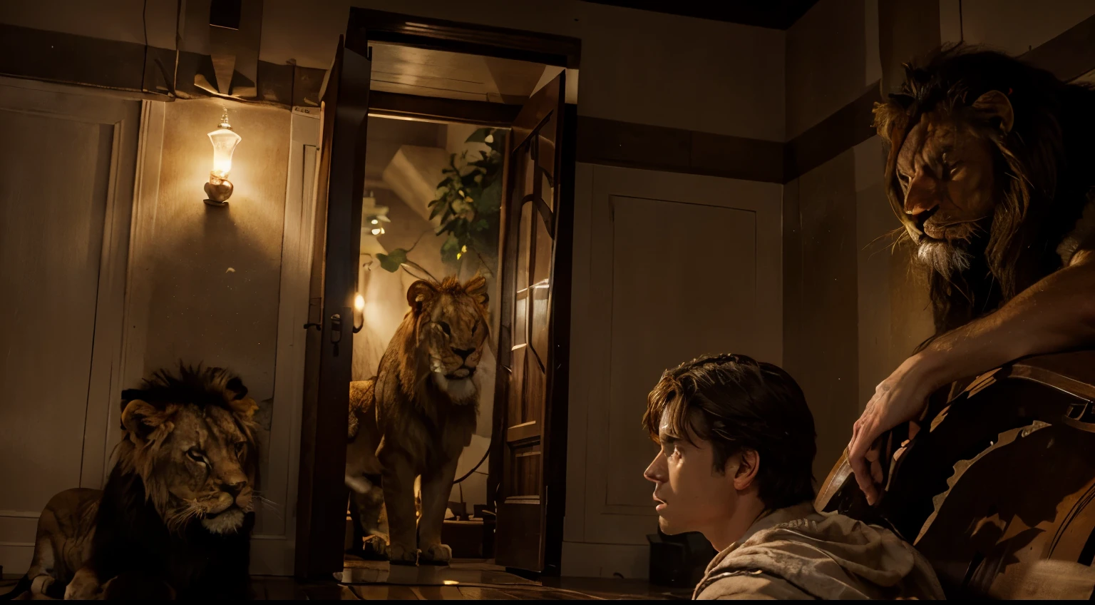(best quality, highres, ultra-detailed), realistic, portrait, aged, bearded man, sitting in the lion's den, confident expression, strong presence, dramatic lighting, intense gaze, textured background, fine details, dark color palette