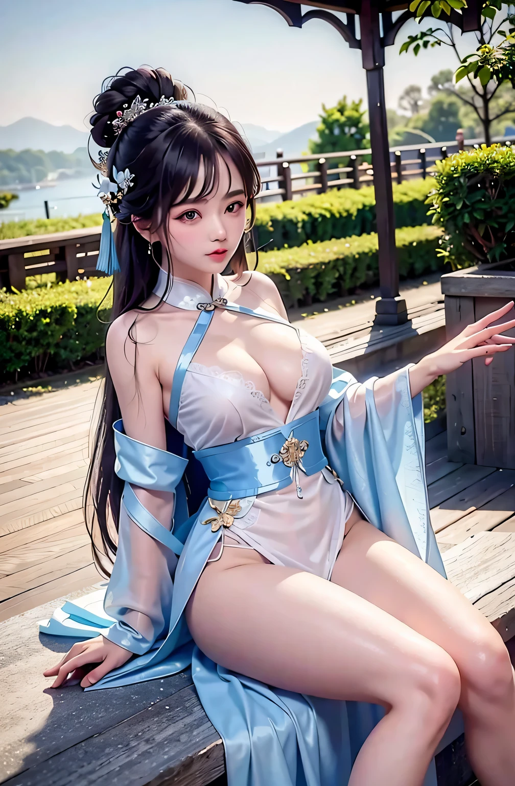 a princess ald old cute Hanfu dynasty open V-chested clothes royal, Wet body of thin silk fabric, Thin silk lace dress, (huge boobs，cleavage),, white pink, blue ，best qualtiy，tmasterpiece，超高分辨率，（真实感：1.4），RAW photogr，（True skin texture：1.3），（filmgrain：1.3），（Selfie angle），1个Giant Breast Girl，Beautiful eye and face details，tmasterpiece，Best quality at best，，The chest more exposed， detailed hair，above looking down facing at camera,short dressPrincess Eyes,Super big eyes,Detailed face,shiny pupils, (a garden,moon palace,)