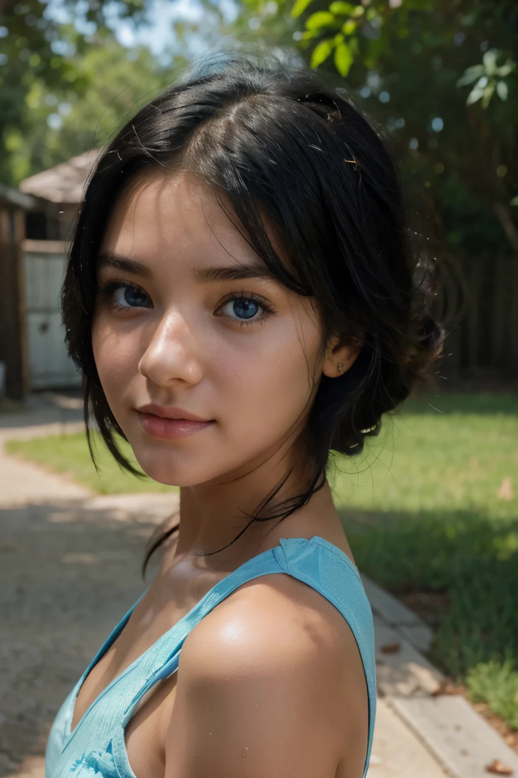 A cute girl with blue, eyes, black hair, glowing skin, cute face girl