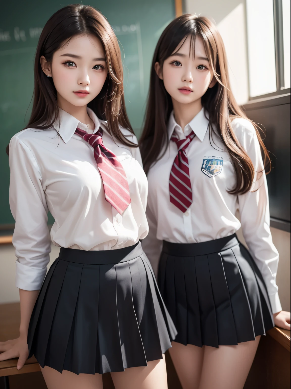 (2 young girls), (Highly detailed beautiful faces), Amazing faces and the most eye-catching qualities:1.4), (ultra - detailed), (extremely detaild的 CG unified 8k wallpapers), The is very detailed, High-definition RAW color photo, professional photoshooting, Realistic portraits, amazing face and eyes, a pink eyes, (high school school uniforms, Pleated mini skirt:1.3), dual horsetail, Brown hair, Modelokeh))), depth of fields, schools, ‎Classroom,