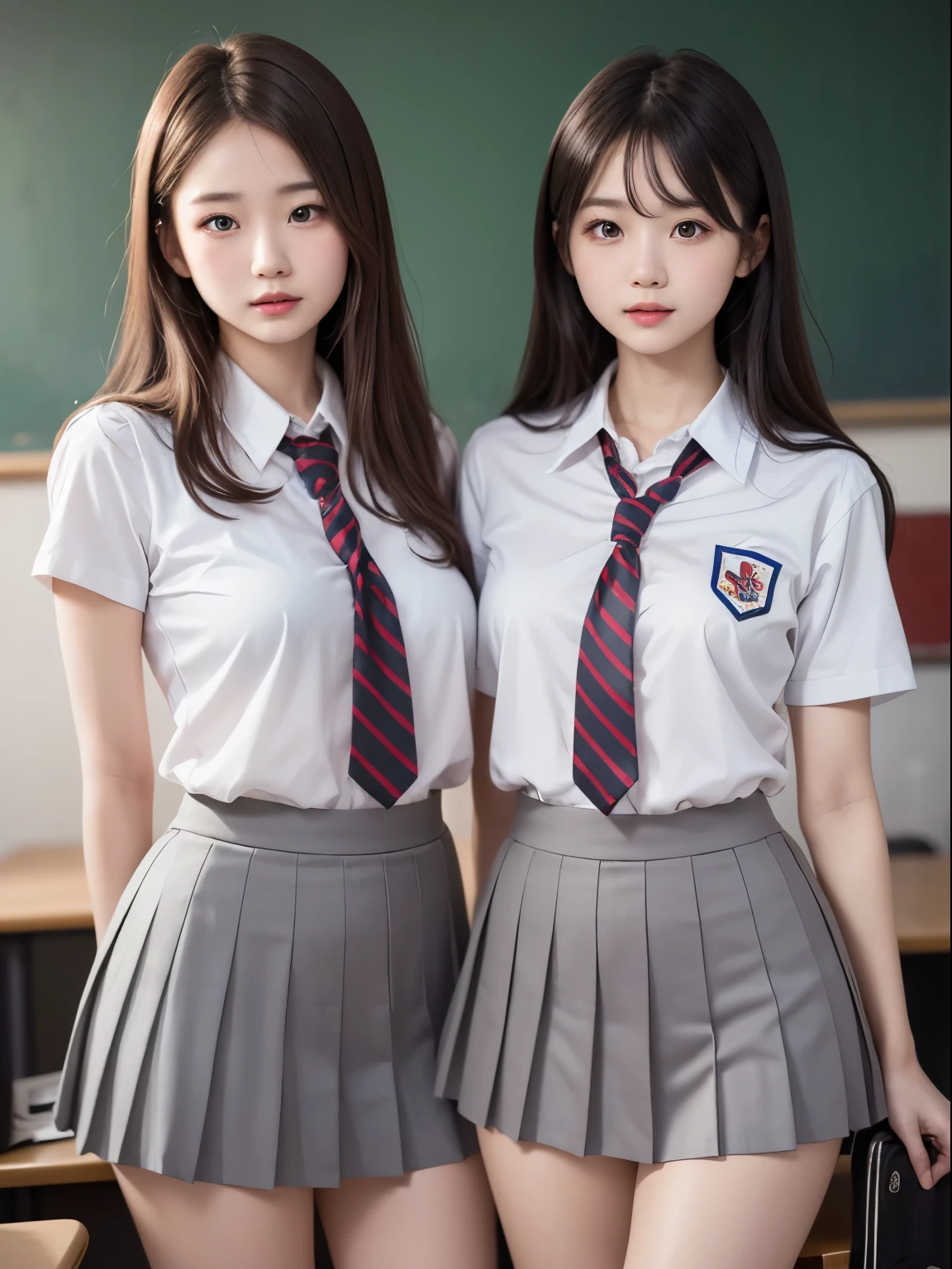 (2 young girls), (Highly detailed beautiful faces), Amazing faces and the most eye-catching qualities:1.4), (ultra - detailed), (extremely detaild的 CG unified 8k wallpapers), The is very detailed, High-definition RAW color photo, professional photoshooting, Realistic portraits, amazing face and eyes, a pink eyes, (high school school uniforms, Pleated mini skirt:1.3), dual horsetail, Brown hair, Modelokeh))), depth of fields, schools, Classroom,