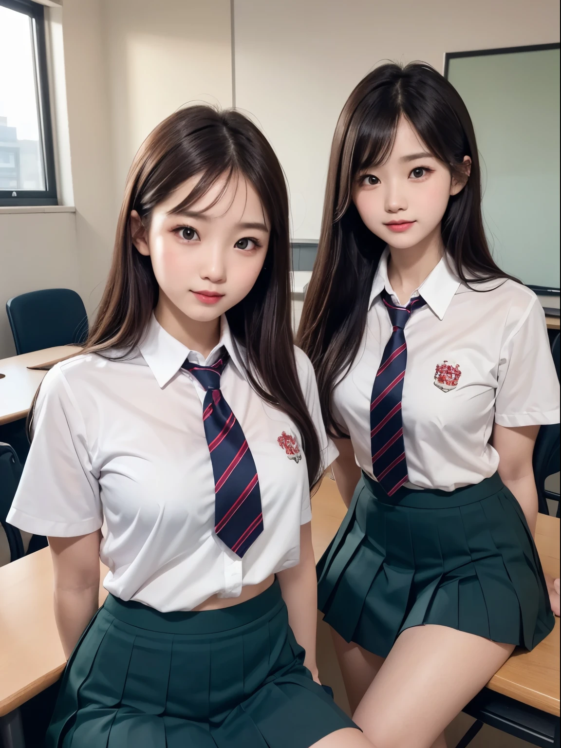 (2 young girls), (Highly detailed beautiful faces), Amazing faces and the most eye-catching qualities:1.4), (ultra - detailed), (extremely detaild的 CG unified 8k wallpapers), The is very detailed, High-definition RAW color photo, professional photoshooting, Realistic portraits, amazing face and eyes, a pink eyes, (high school school uniforms, Pleated mini skirt:1.3), dual horsetail, Brown hair, Modelokeh))), depth of fields, schools, Classroom,