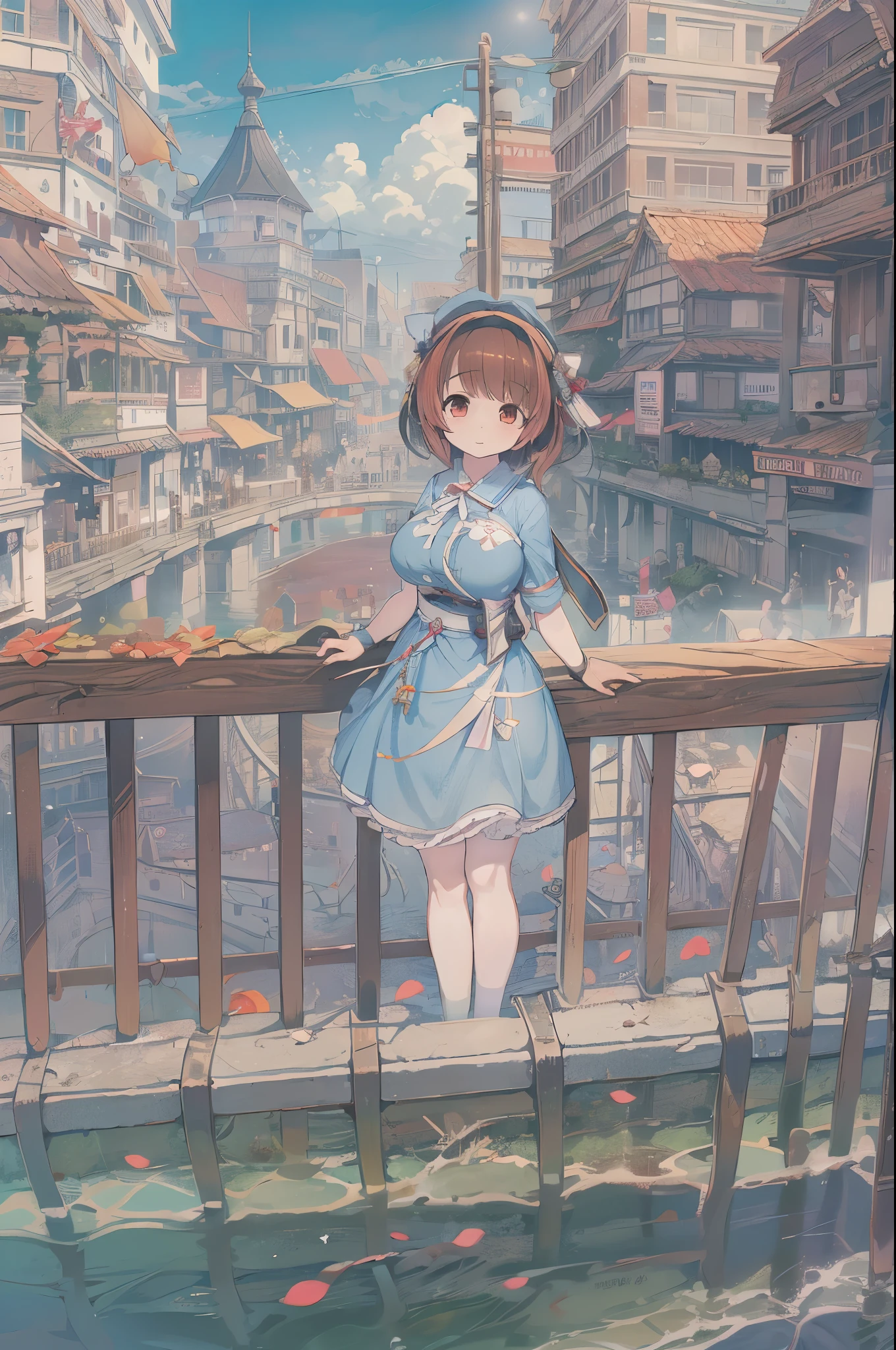 1girl in,Bangs,Black_hair,Blue_skyporn,Bridge,building,castle,city,cityscape,cloud,day,Dress,up looking_で_viewer,Outdoors,Red_neckwear,Red_bow ribbon,bow ribbon,River,Short_hair,Short_sleeves,skyporn,skypornscraper,Solo,Standing,Town,Let's see,(masutepiece,Anime,newest,new,exceptional:1.2),huge-breasted