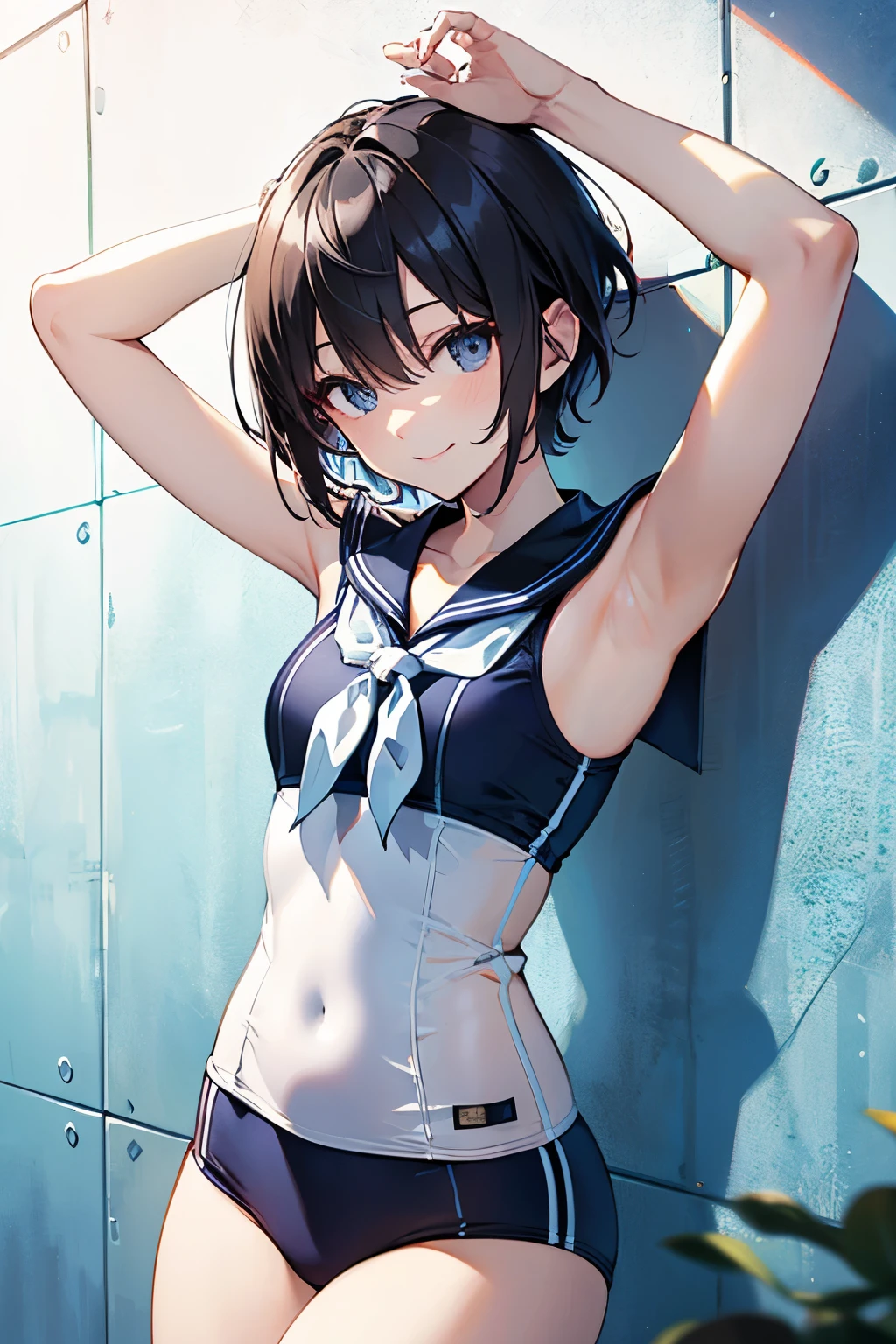 hiquality、top-quality、Full limbs、The ultra -The high-definition、Shining eyes、complete fingers、Slender beauty、Bery short hair、ssmile、Wearing a shiny sailor school swimsuit、shinny skin、Black knee high、Dramatic Writing