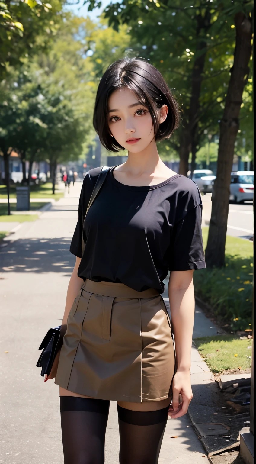 a photo, A girl standing in a park, a park in the middle of the city, a beautiful girl, short hair, black hair, red eyes, perfect face, Wear a plain brown shirt, wear a short black skirt, wear black stockings