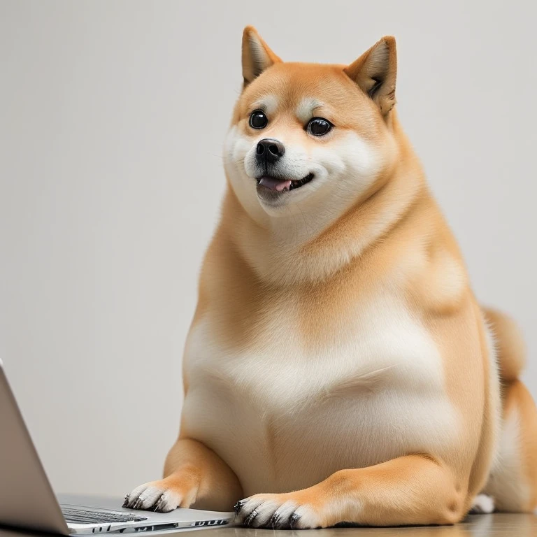 Suite,laptop,Solo,a professional photo of [(((buff Swoledoge))):buff Swoledoge:1.2], grinning, dog body,cinematic dramatic light, smooth transition, bokeh,simple background,looking at viewer,wave her hand