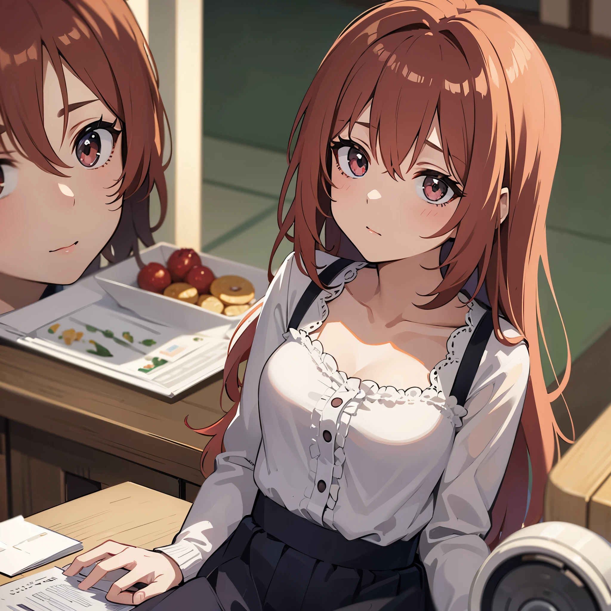 anime, housewife, innocent look, looking up (at camera)