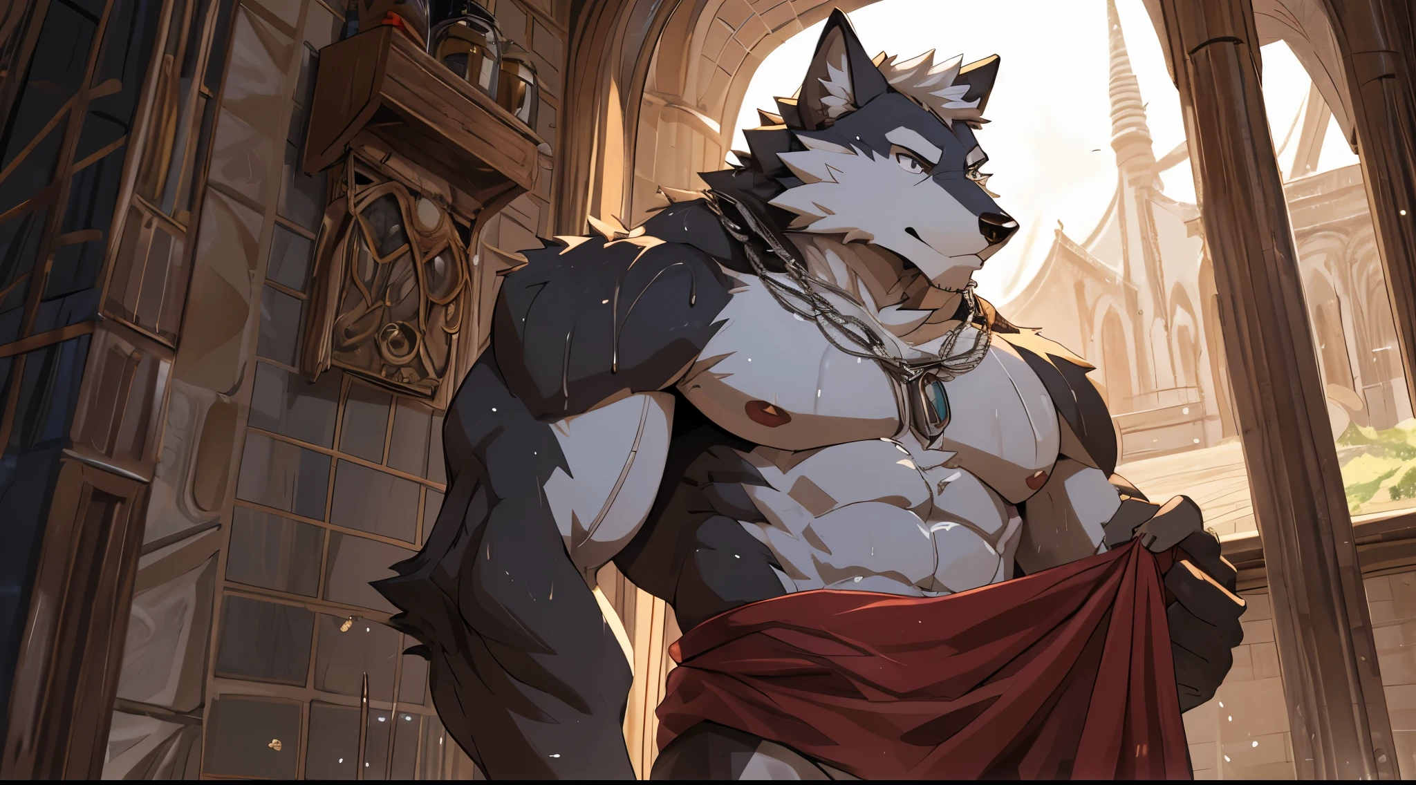Anthro((dramatic))epic, dynamic pose, dynamic angle, One scene of movie, An extreme perspective with a powerful composition, absurdres, (ultra detailed), sharp focus, niji, eyesgod, black eye, furry, light-white fur, brown fur, white beard, anthro (wolf), male, middle-aged, gray body, white belly, muscular, ultra detailed face, (detailed eyes), 1boy, take a shower at medieval bathroom, using towel, naked, motion blur, (best quality), (masterpiece), high details, high quality, award winning, highres, HD, 16k, chilling, (close up:1.5)