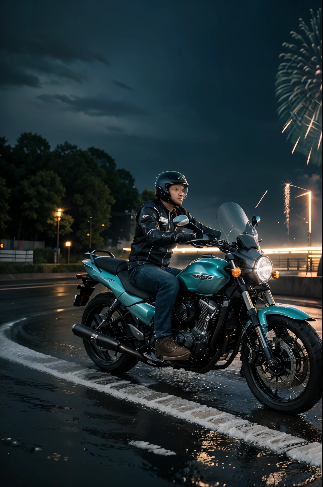 freeze photography effect of panning a speeding Grab Driver riding sporty motorbike with trail light on its tail, rainfall and raindrops, in front of it there is a UI screen layout and Hud with selection of map route controls. 3d realistic, 4k,
Long exposure effect can create a soft, ethereal mist effect with waterfalls, waves, or rivers12. Freeze effect can show the texture and shape of the water droplets or splashes3.
Long exposure effect can add a sense of speed and dynamism to cars, trains, or other vehicles3 . Freeze effect can show the motion and direction of the vehicles3.
Long exposure effect can make light trails with fireworks, sparklers, or other light sources . Freeze effect can show the sparks and colors of the light sources3.
