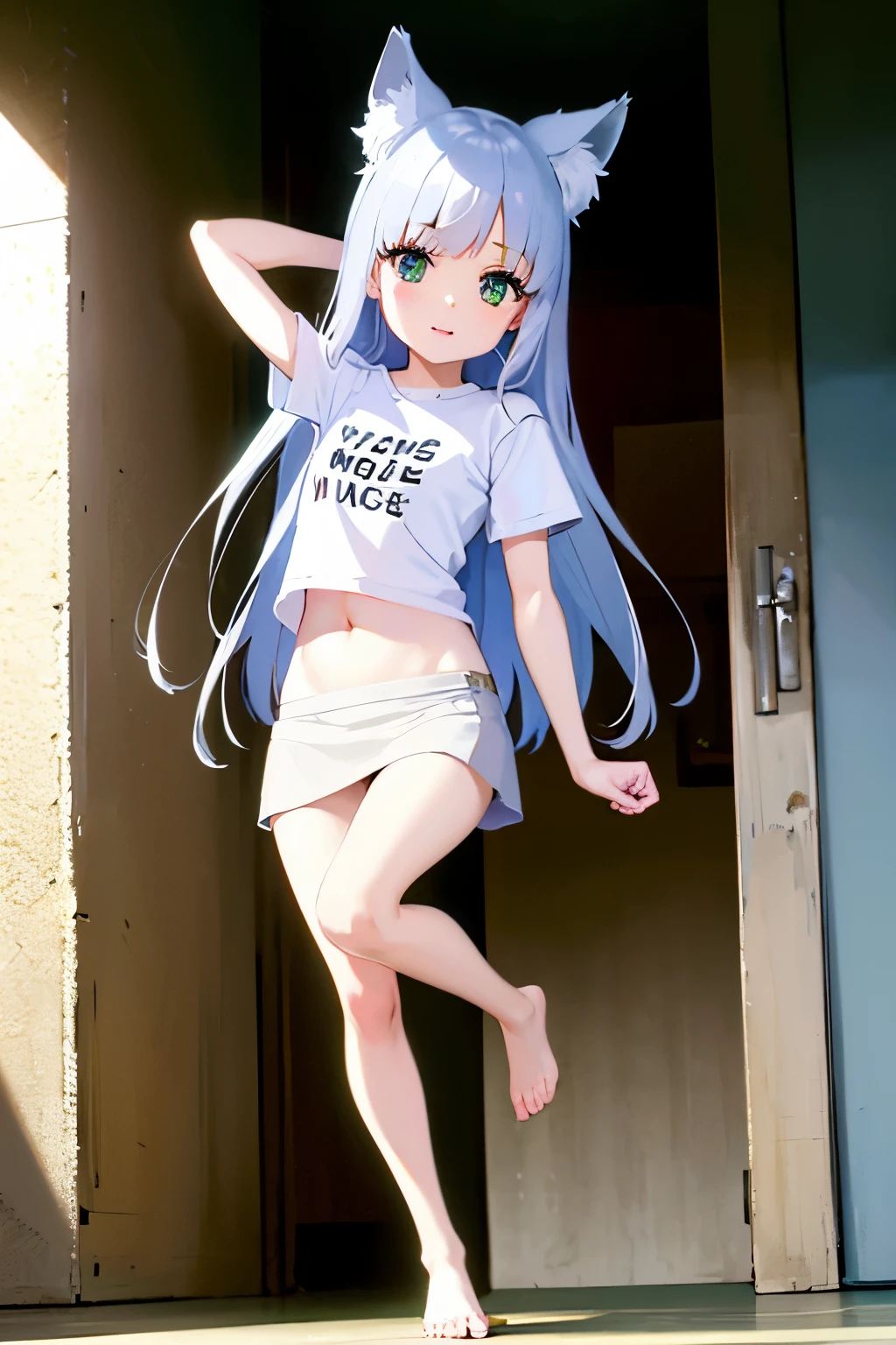 Cabello largo plateado, ojos verdes, petite, t-shirt, mini skirt, white clothes, white undewear, wolf ears, ojos seductores, sonrisa, abdomen lindo, muslos hermosos, piernas abiertas, inside house