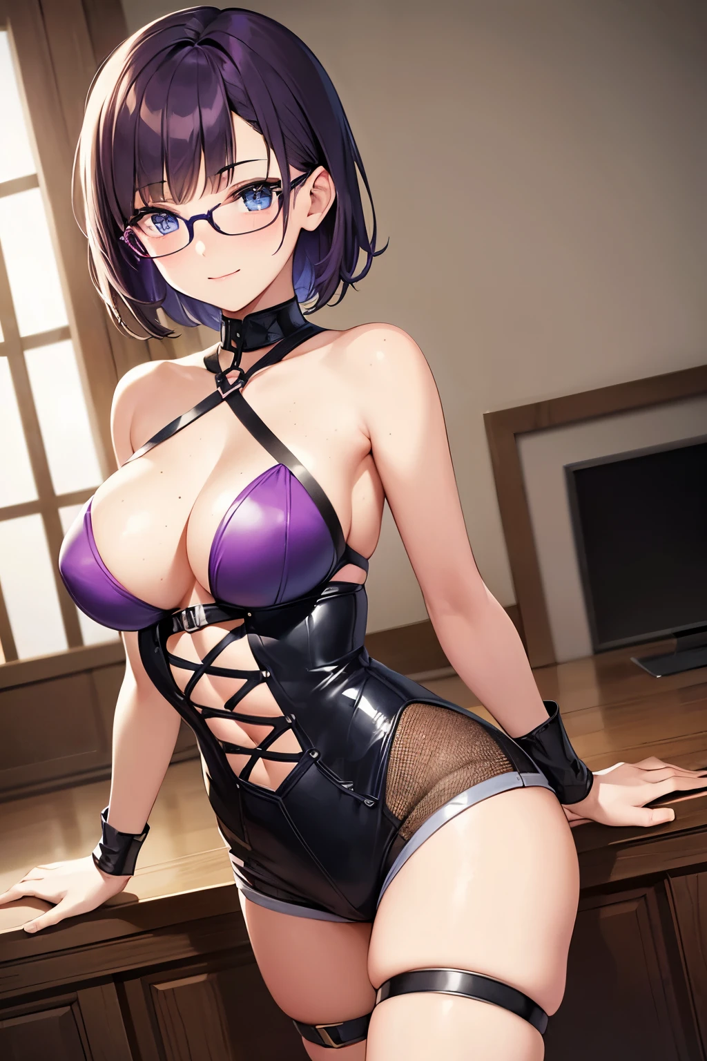 beautiful teenage girl, medium breasts, cleavage, thin body, very short hair, purple hair, blue eyes, freckles, seductive, smiling, blushing, strapless bustier, bare arms, frayed short shorts, thigh high boots, thin frame eyeglasses, detailed background, light rays, castle interior