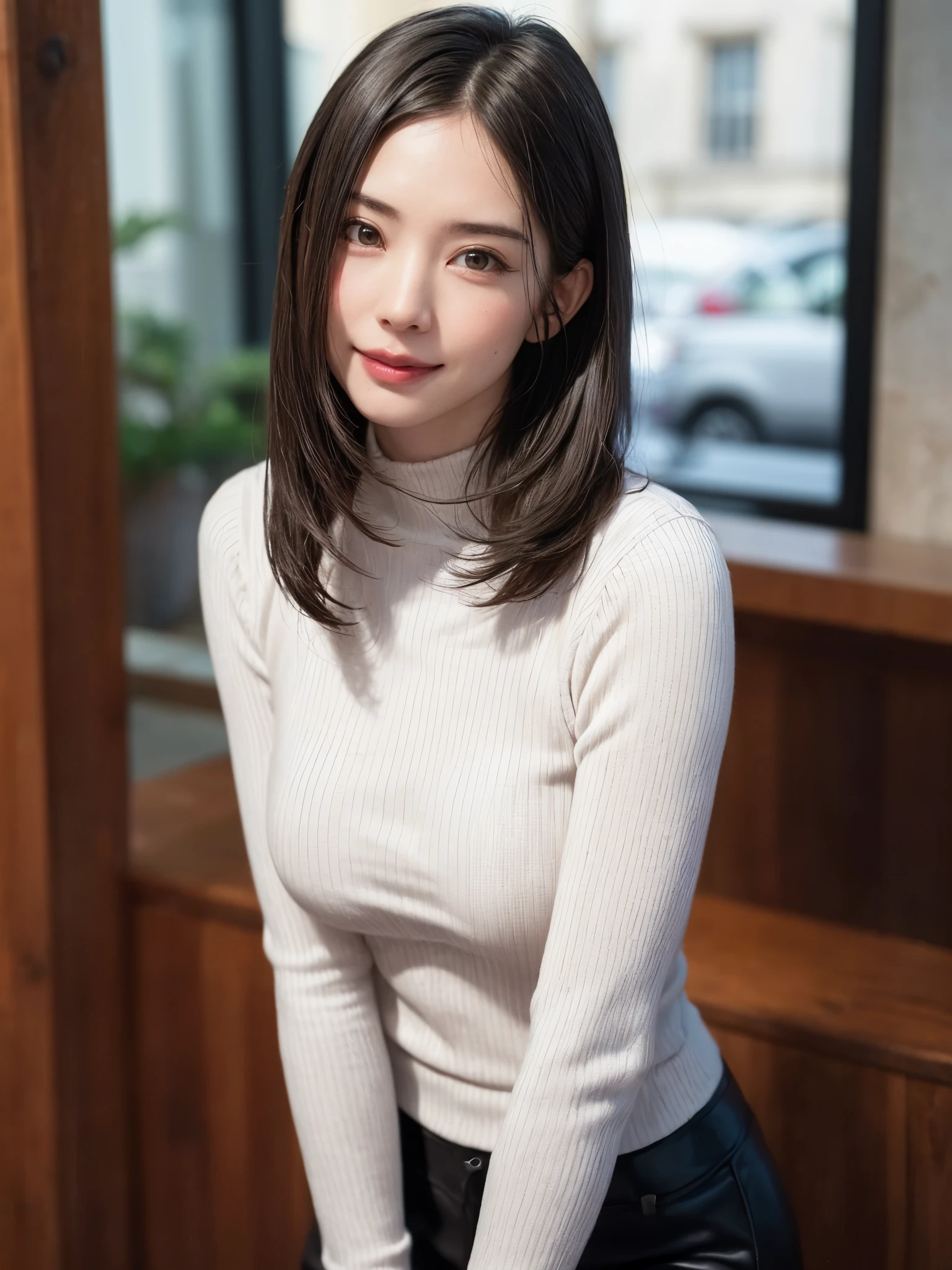 hostess face、sexy face、turtleneck wool sweater、skirt、High quality、Super realistic、healthy、smiling expression、perfect slender figure、Japanese beauty、 perfect eyes、Shining beautiful skin、upper part of the body、Tokyo skyscrapers