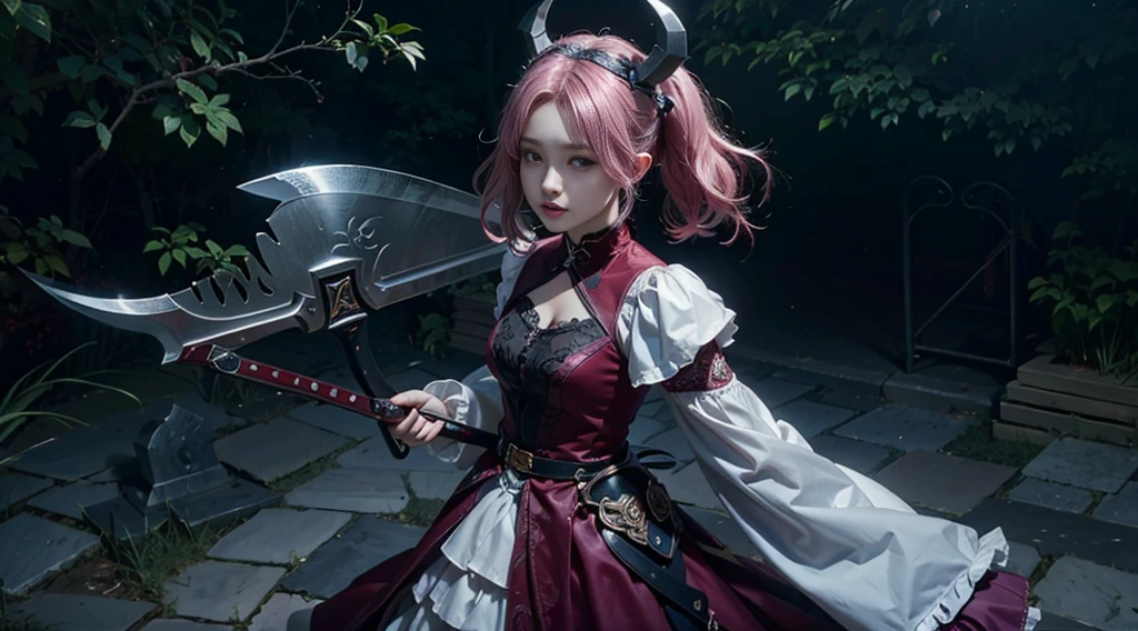 (((dwarven ax、axe:1.1,Holding weapons、detailed ax)))、（Eyebrows visible from bangs、eyebrows visible through hair、short-hair）、Perfect Lighting、电影灯光、White horns on the head:1.5,a purple eye、red clothing、２０Adult Woman：1.5、Big frills on the sleeves、Official art、Beautuful Women、PerfectNwsjMajic,(​masterpiece、top-quality、top-quality、Official art、Beautifully Aesthetic:1.2)、(1girl in)、ighly detailed、colourfull、highestdetailed、Official art、Unity 8k壁纸、ultra-detailliert、Beautifully Aesthetic、Beautiful face in detail、​masterpiece、top-quality、(Zentangle、a Mandala、Tangles、Entanglement)、Holy Light、pure, Overcoming and hope. Breasts are small and B size、A slender、Eyes are double（A detailed eye）, Beautifully detailed、Hair that flutters in the wind、Beautiful pink hair、beautifull detailed face、