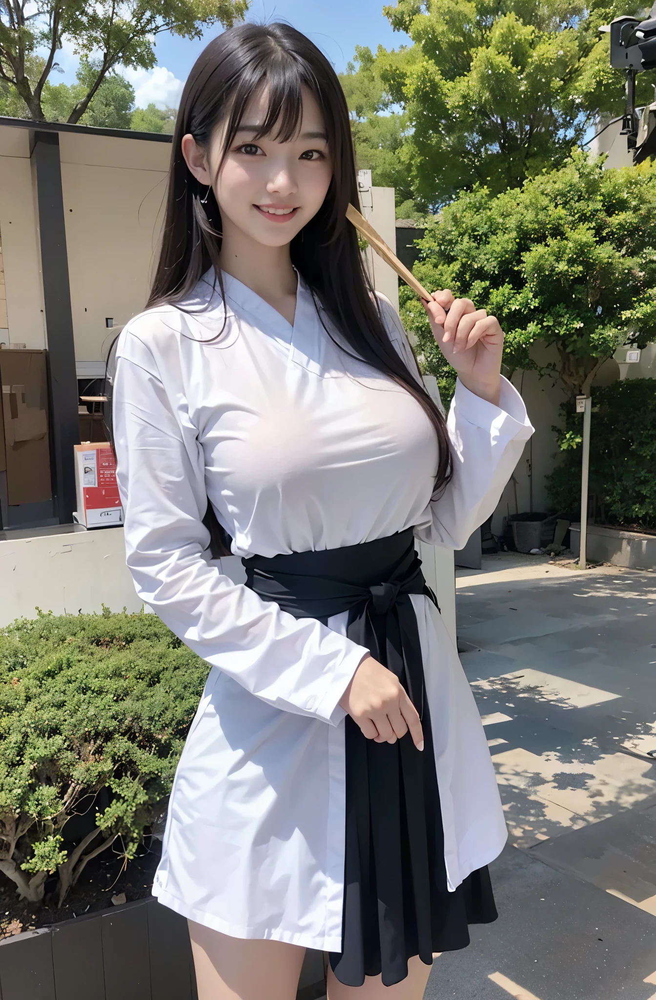 (Best quality at best, 8K, 32K, tmasterpiece, hyper HD:1.2), pretty japanese girl, (huge lack of long hair, By bangs, (ssmile), (校服), big breasts thin waist, (En plein air, parks, blue-sky), dramatic lightemale student),