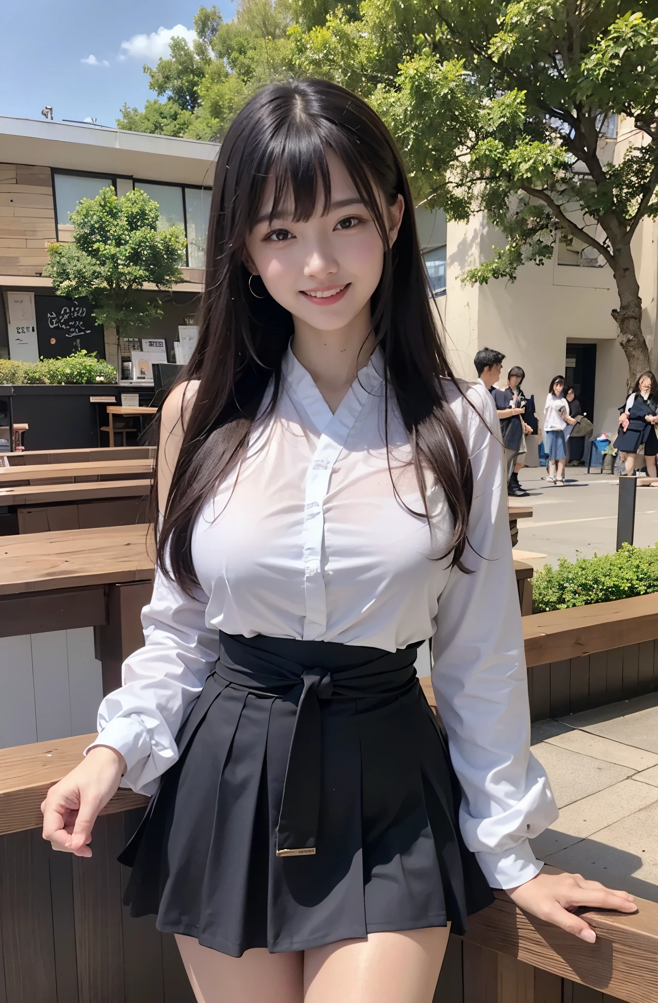 (Best quality at best, 8K, 32K, tmasterpiece, hyper HD:1.2), pretty japanese girl, (huge lack of long hair, By bangs, (ssmile), (校服), big breasts thin waist, (En plein air, parks, blue-sky), dramatic lightemale student),