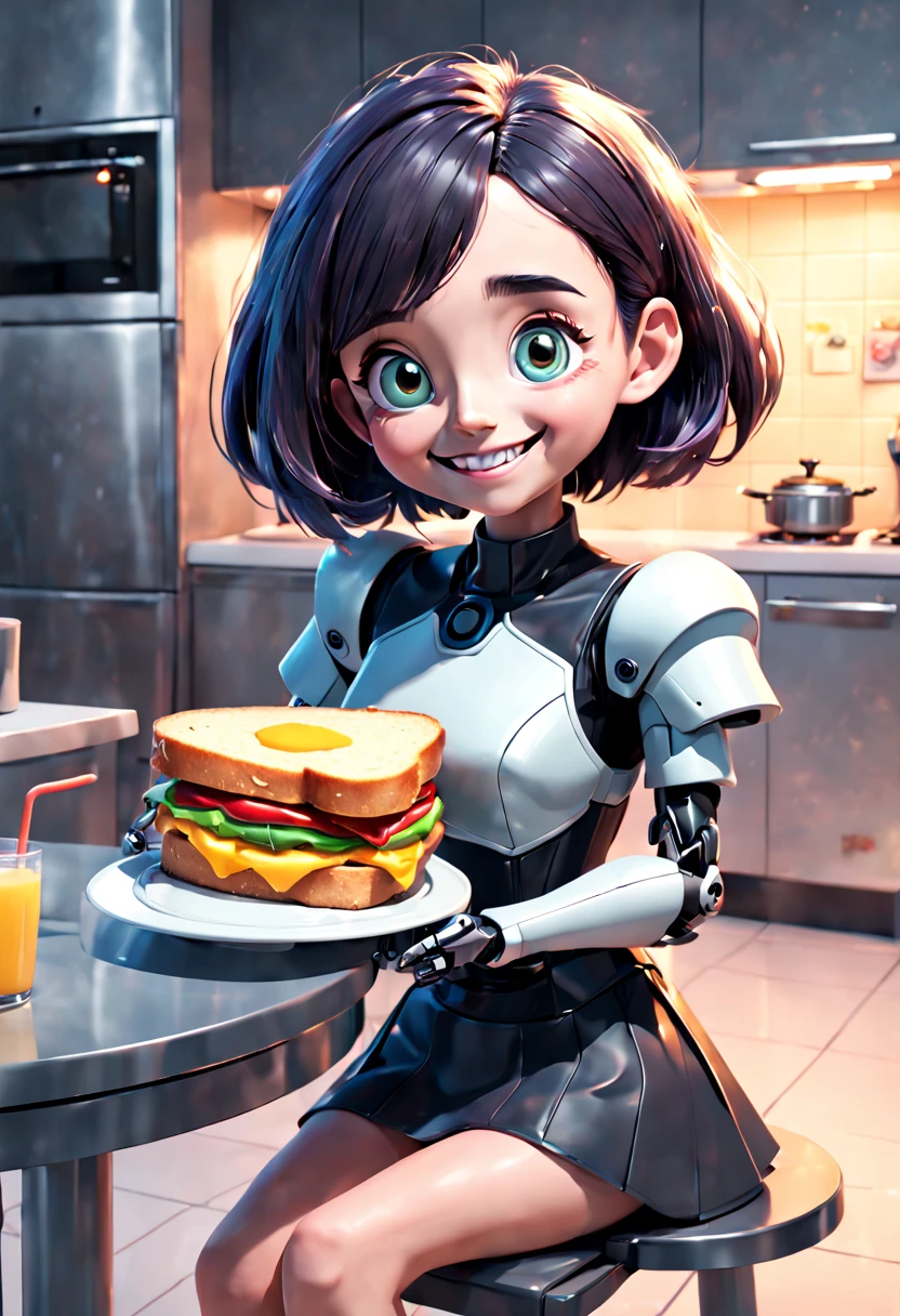 A robot butler named Rosie offers a grilled cheese sandwich to a little seated at the kitchen island. Rosie is designed to look friendly with big, round eyes and a smiling digital face on her screen. The girl laughs, delighted by her new robot friend. Cute, cheerful moment. Pixar, Disney, concept art, 3d digital art, Maya 3D, ZBrush Central 3D shading, bright colored background, radial gradient background, cinematic, Reimagined by industrial light and magic, 4k resolution post processing