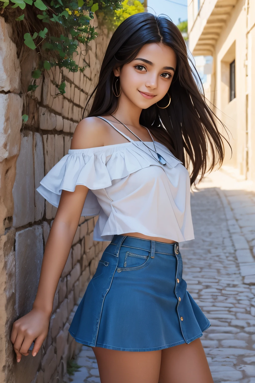 portrait of egyptian teenage girl, blue sky, blue sea and white wall, cobblestone road, shoulder-length hair, summer tops and miniskirts, Photo quality, background blur, catch light, smile, cowboy shot, anatomically correct