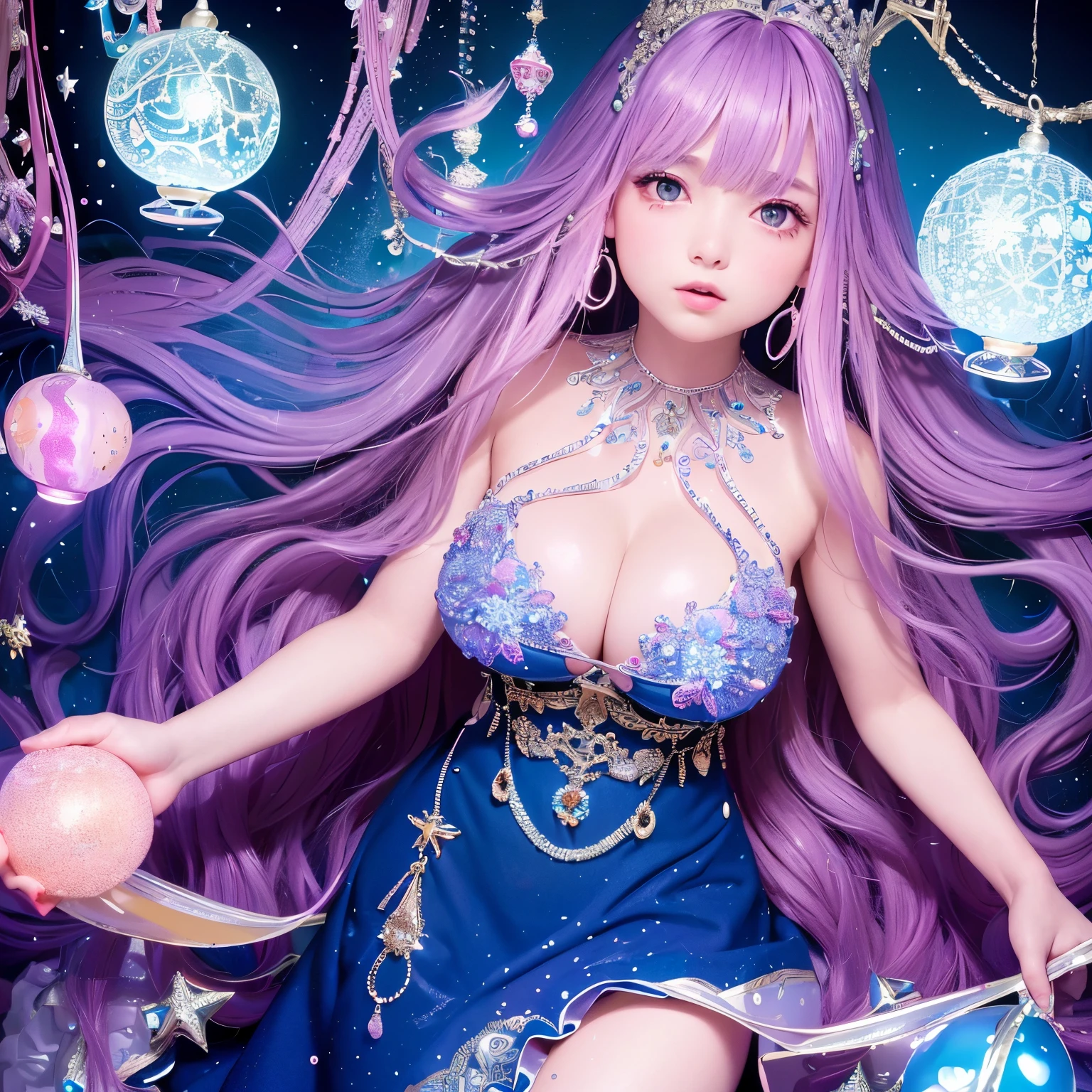 The upper part of the body、one girls、I have dark blue hair color、Two-tone、(Pink Highlight Hair、curlyhair、jewel design tiary big breasts、seminude、Sparkling jewel lace decoration on the body、Countless glowing spheres float、Glowing soap bubbles、shining chandelier、underwater where fish swim、Glowing jellyfish、Looking at the camera