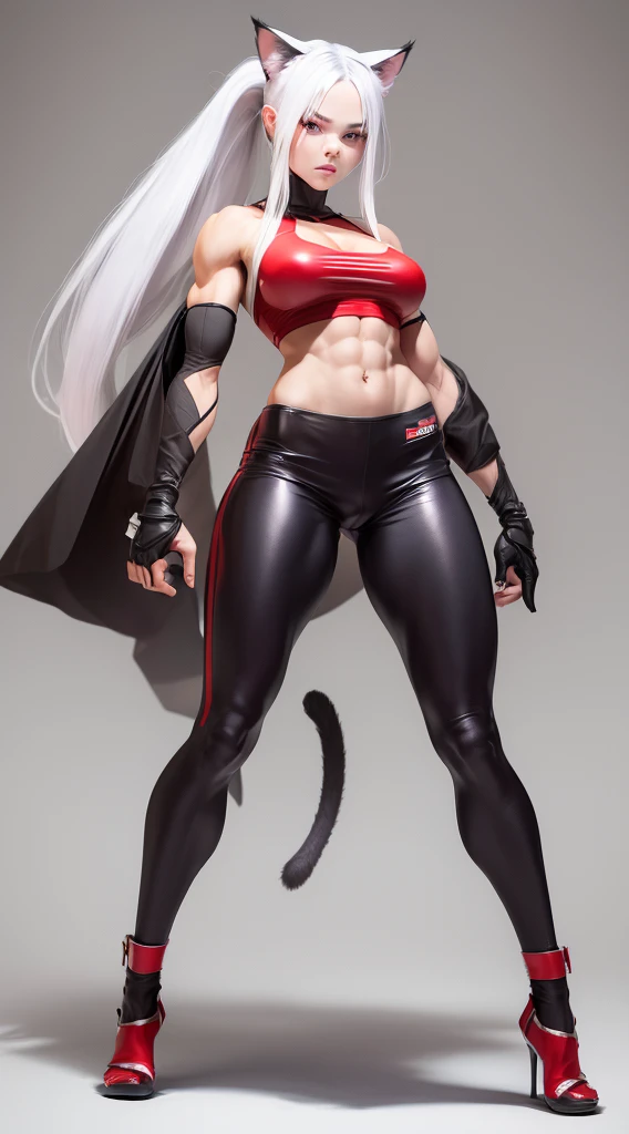 Woman, Adult, With a feline appearance, Cat girl, With cat ears, With cat whiskers, with red eyes, with a cat's pupil, with large breasts, with a marked physique, with a marked abdomen, with a fighter's stole , with boxing gloves, that the gloves have cut ends, with red gloves, with black tops, that the tops have red sides, with cargo pants, that the pants are black, with red shin guards , with long hair, with white hair, with the hair tied, with a ponytail in the hairstyle, with white skin, with good quality in the muscles, with details in the clothing, (good quality), (good focus on the eyes), (detail in the eyes), (masterpiece), That he is standing, that he has a guard posture, with a full body, with good quality, with good focus, with a scar on his face, with a cat's tail ,let the tail be white.