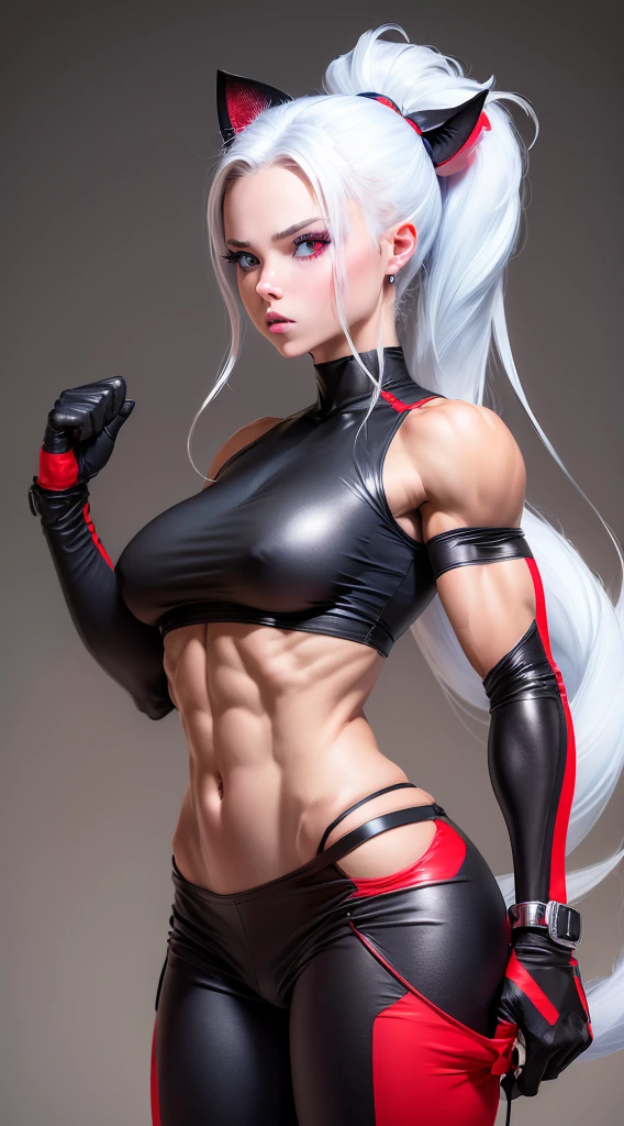 Woman, Adult, With a feline appearance, Cat girl, With cat ears, With cat whiskers, with red eyes, with a cat's pupil, with large breasts, with a marked physique, with a marked abdomen, with a fighter's stole , with boxing gloves, that the gloves have cut ends, with red gloves, with black tops, that the tops have red sides, with cargo pants, that the pants are black, with red shin guards , with long hair, with white hair, with the hair tied, with a ponytail in the hairstyle, with white skin, with good quality in the muscles, with details in the clothing, (good quality), (good focus on the eyes), (detail in the eyes), (masterpiece), That he is standing, that he has a guard posture, with a full body, with good quality, with good focus, with a scar on his face, with a cat's tail ,let the tail be white.