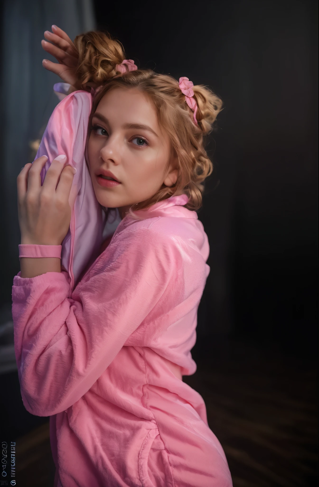 there is a girl in a pink outfit , dark background, wearing a pink fluffy costume, portrait shot, wearing a baggy fluffy pajamas, rim light, realistic, young blonde woman, 4k, high resolution, shiny hair wavy, spotlight. Her hair impeccably styled, with a glossy finish that adds to her charm. The subtle rim light highlights the contours of her figure, adding depth and dimension to the composition. This artwork combines the elements of a beautiful hair, high-resolution image, realistic rendering, dark background, and rim light. close-up RAW photo, detailed textures, sharp focus, ultra-high pixel detail, intricate, realistic, movie scene, cinematic, high-quality, full colors, incredibly detailed, 4k, 8k, 16k, hyper-realistic, RAW photo, masterpiece, ultra-detailed, professionally color graded, professional photography