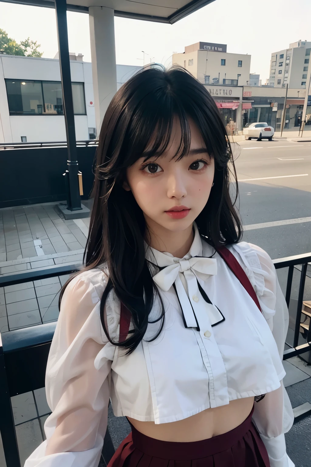 (Original photography、best qualityer)、(of a real、フォトリアリスティック:1.2)、Close-up portrait photography、A 1 girl、Rooftop cafe in shopping mall、En plein air、Cool face、(highdetailskin:1.4)、ornate hair、Black hair with air bangs、White transparent shirt and bow tie、Bright red pleated skirt、gentlesoftlighting、high high quality、((hugeunderboob))