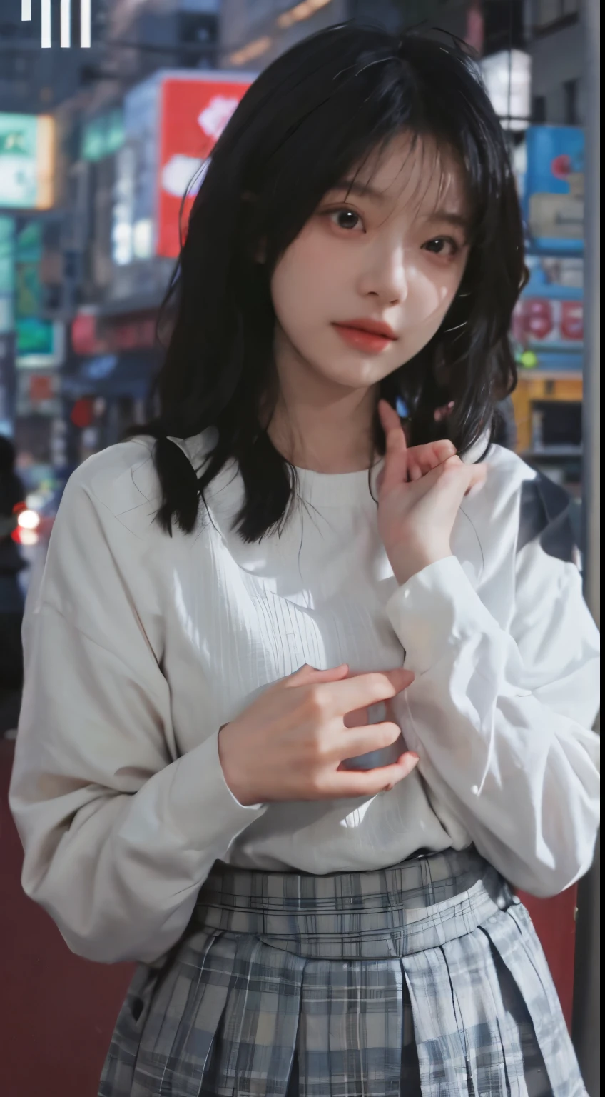 Best quality, 超高分辨率, (realistically:1.4),(natta),(looking at viewert:1.331),(White hair),placed in a,street Tokyo,nighttime scene,The city of cyberpunk,一双明亮的largeeyes,the soft light,1 girl,Extremely beautiful face,chest circumference,putdownhands,random hair style,Random expression,largeeyes,arwen,(short- sleeved。Jie Kang_The shirt), Jie Kang_styled, (darkblueJK_a skirt), (bowJK_tiese), mix4., Best quality