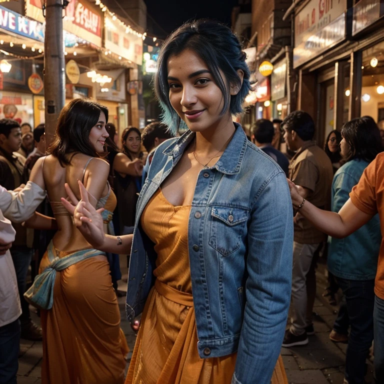 "A vibrant depiction of a realistic, beautiful Indian woman with blue hair, gently faded roots, and a radiant smile. Dressed in an elegant orange frock layered with a stylish denim jacket, she joyfully dances at a New Year's party. Brown-eyed and with short hair, she stands out amidst the lively crowd, capturing the festive spirit on Instagram as people swirl around her in celebration."