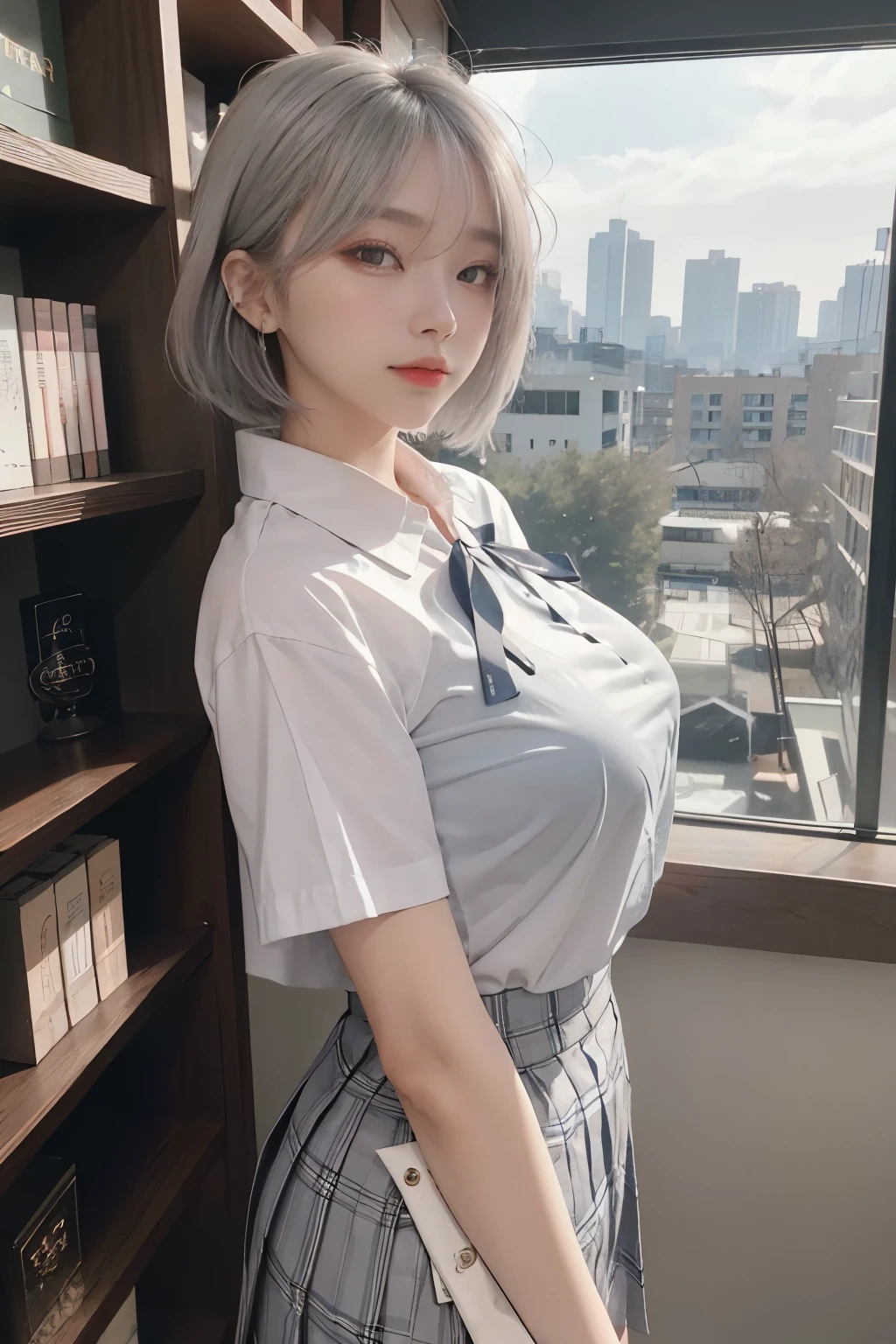 best images quality，RAW photos，超高分辨率，taken from the side，gently smiling，************ Korean，very huge big breasts，tiese，ribbons，校服，collared shir，School Uniform Shirts，plaid skirts，White skin of the，shiny white skin，a short bob，bright silver hair，bright gray hair，Neatly arranged bangeautidful eyeeautiful eyes of random colors，Very thin lipeautidful eyes与细节，Elongated eyes，Pale pink blush，long eyelasher，beautiful double eyelid，eye shadows，耳Nipple Ring，Night School，Darkened library at night，Stand next to the bookshelf