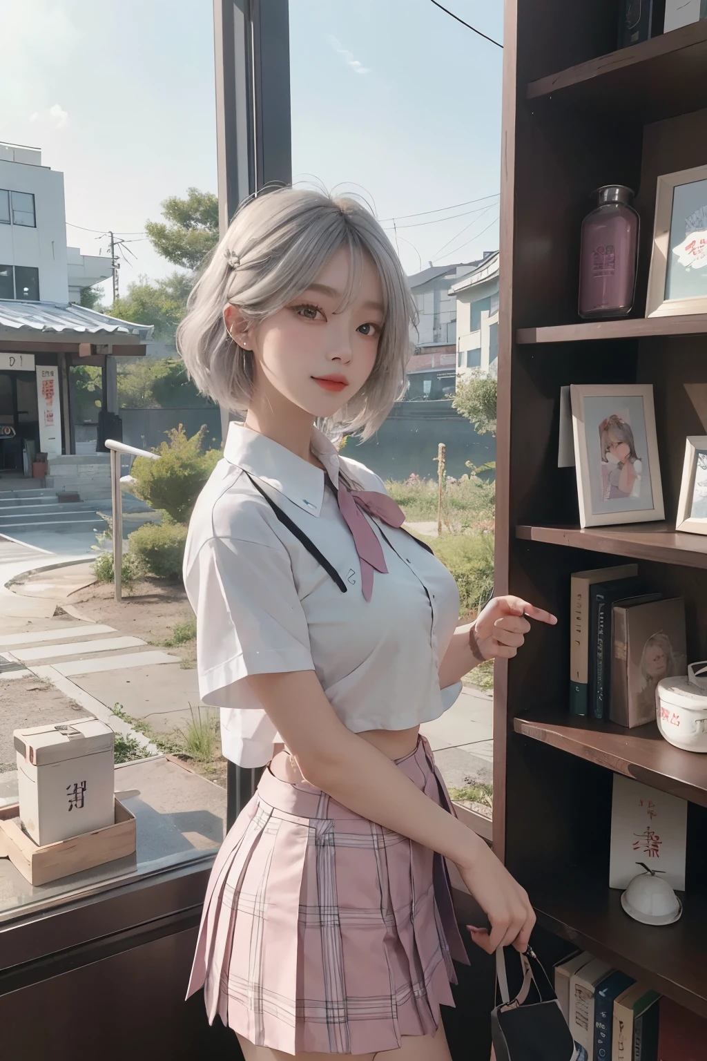 best images quality,RAW photos,超高分辨率,taken from the side,gently smiling, Korean,very huge big breasts,tiese,ribbons,校服,collared shir,School Uniform Shirts,plaid skirts,White skin of the,shiny white skin,a short bob,bright silver hair,bright gray hair,Neatly arranged bangeautidful eyeeautiful eyes of random colors,Very thin lipeautidful eyes与细节,Elongated eyes,Pale pink blush,long eyelasher,beautiful double eyelid,eye shadows,耳Nipple Ring,Night School,Darkened library at night,Stand next to the bookshelf
