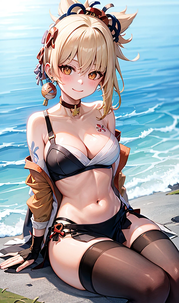 one-girl,Sit on a stone by the sea,Smiling and blushing, busty black stockings showing belly button