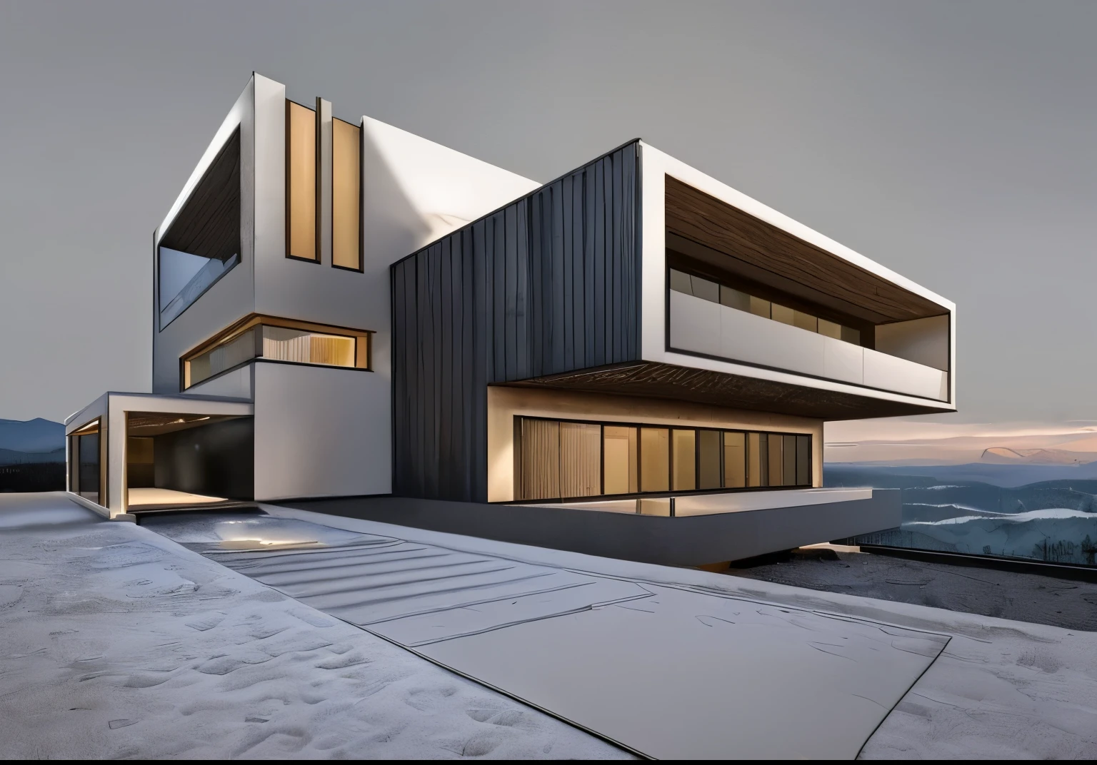 Create a modern mountain home that integrates seamlessly with its natural surroundings while offering stunning views.
Design a modern mountain home that blends with its natural surroundings and maximizes the surrounding views.