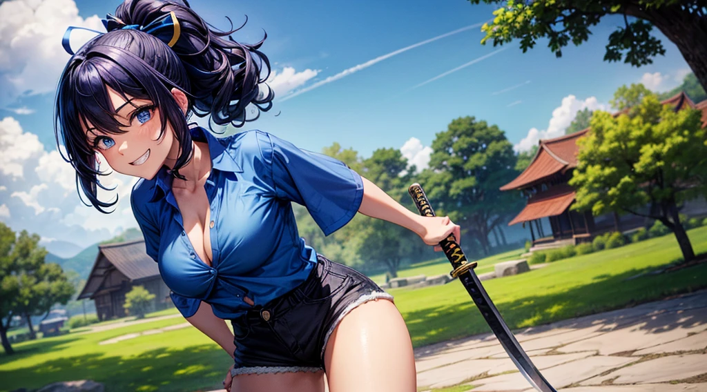 1girl, full body, solo, village, trees, colorful hair, curly hair, ponytail, large breasts, button down shirt, ninja, ((blue shirt)), ((unbuttoned shirt)), ((short sleeved shirt)), blue eyes, black shorts, katana, grin, looking at the viewer, ((standing)), hair ribbon, necklate