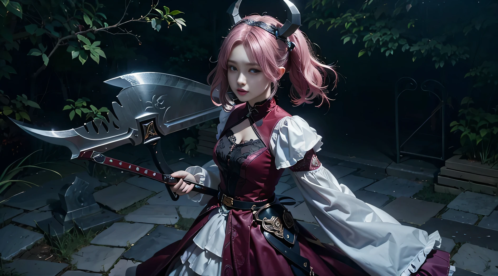 (((dwarven ax、axe:1.1,Holding weapons、detailed ax)))、(Eyebrows visible from bangs、eyebrows visible through hair、short-hair)、Perfect Lighting、电影灯光、White horns on the head:1.5,a purple eye、red clothing、20Adult Woman:1.5、Big frills on the sleeves、Official art、Beautuful Women、PerfectNwsjMajic,(masterpiece、top-quality、top-quality、Official art、Beautifully Aesthetic:1.2)、(1girl in)、ighly detailed、colourfull、highestdetailed、Official art、Unity 8k壁纸、ultra-detailliert、Beautifully Aesthetic、Beautiful face in detail、masterpiece、top-quality、(Zentangle、a Mandala、Tangles、Entanglement)、Holy Light、pure, Overcoming and hope. Breasts are small and B size、A slender、Eyes are double(A detailed eye), Beautifully detailed、Hair that flutters in the wind、Beautiful pink hair、beautifull detailed face、