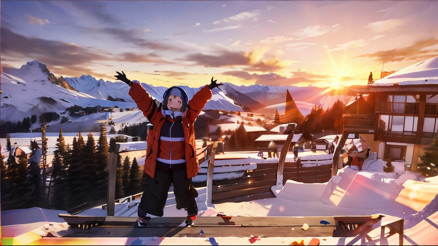 A girl looks at the camera on the deck of a ski resort smiling, short hair, wearing a hat, sunset, psychedelic ski resort, high quality shot, sun on top, having a great time, good weather, views, mountains and sunset!! , i , inspiring , in the swiss alps
