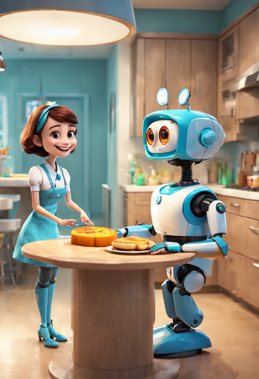 A robot butler named Rosie offers a grilled cheese sandwich to a little seated at the kitchen island. Rosie is designed to look friendly with big, round eyes and a smiling digital face on her screen. The girl laughs, delighted by her new robot friend. Cute, cheerful moment. Pixar, Disney, concept art, 3d digital art, Maya 3D, ZBrush Central 3D shading, bright colored background, radial gradient background, cinematic, Reimagined by industrial light and magic, 4k resolution post processing