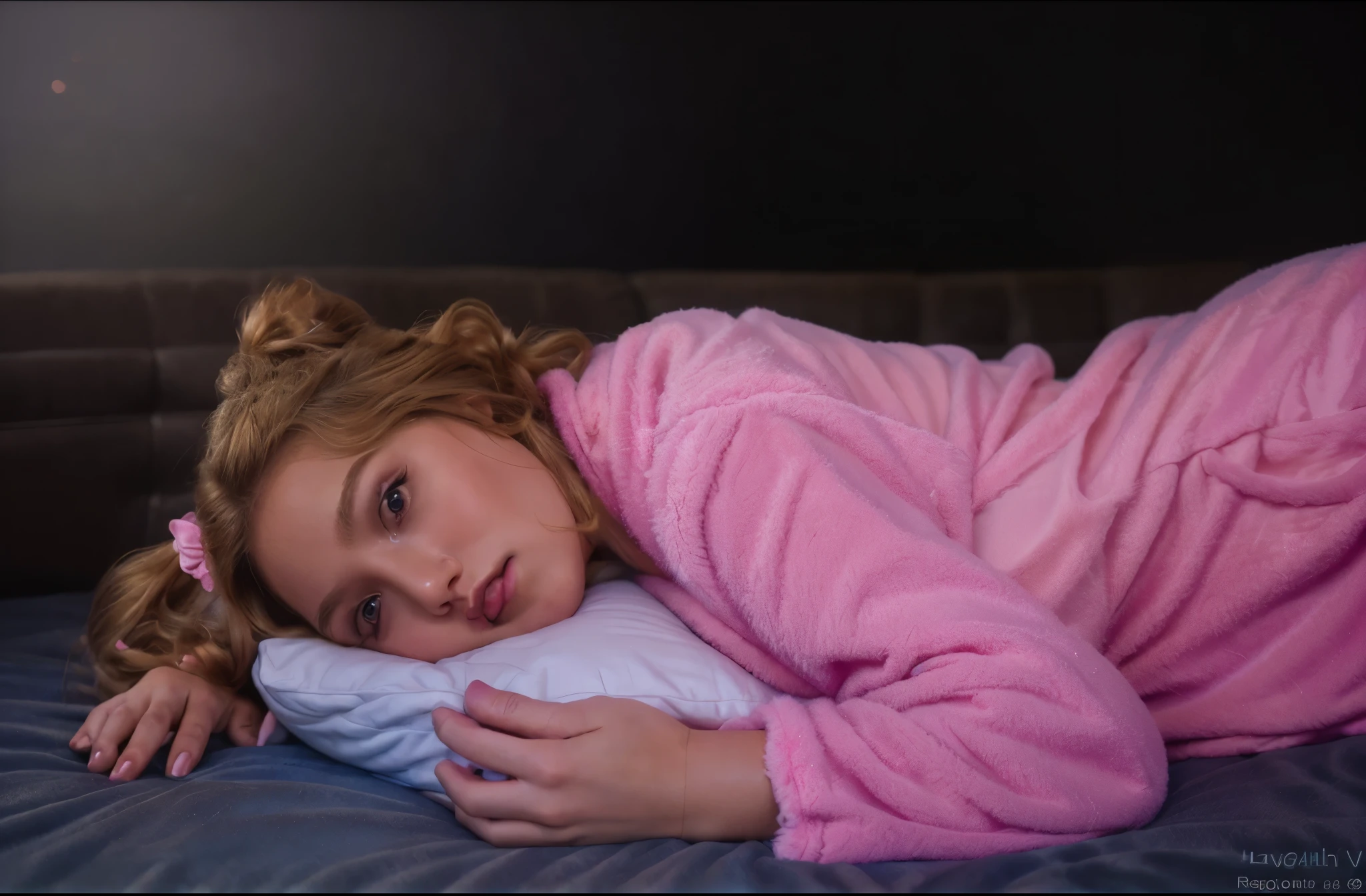 there is a girl laying on the pillow in a pink outfit , dark background, wearing a pink fluffy costume, portrait shot, wearing a baggy fluffy pajamas, rim light, realistic, young blonde woman, 4k, high resolution, shiny hair wavy, spotlight. Her hair impeccably styled, with a glossy finish that adds to her charm. The subtle rim light highlights the contours of her figure, adding depth and dimension to the composition. This artwork combines the elements of a beautiful hair, high-resolution image, realistic rendering, dark background, and rim light. close-up RAW photo, detailed textures, sharp focus, ultra-high pixel detail, intricate, realistic, movie scene, cinematic, high-quality, full colors, incredibly detailed, 4k, 8k, 16k, hyper-realistic, RAW photo, masterpiece, ultra-detailed, professionally color graded, professional photography
