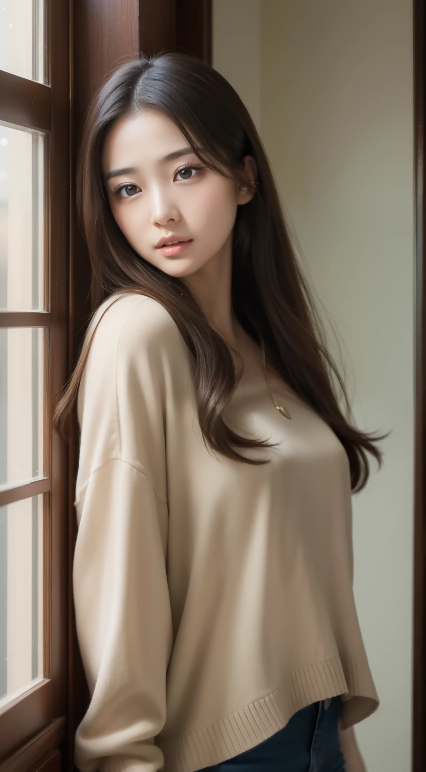 masterpiece、8K、Original photography、(Realistic:1.4)、high resolution mouth、The clarity of the eyes is very high、Glossy glossy skin、largeeyes、with a round face,Eyes、Puffy eyes、Medium breasted woman、half-open mouth、provocative facial expression、One lady、25 age old, 、Bold and bold gesture、hand behind head、upper part of body、woman and glass particles、cinematic lighitnglamplight、lack of expressiveness: calm expression,gently smiling, Gentle eyes,plumw,Oka turtle hairstyle: Naturally long hair stands out: Soft brown clothes pose: Standing calmly breaking girl,Alone、university interior
