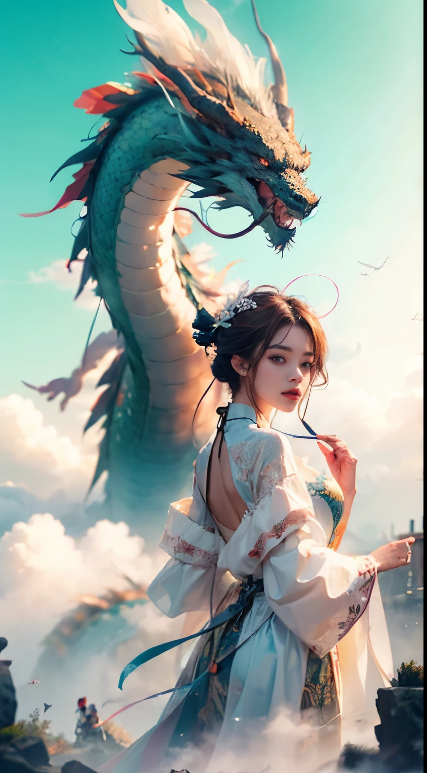 A woman in a white dress holding a dragon in front of a blue sky ...