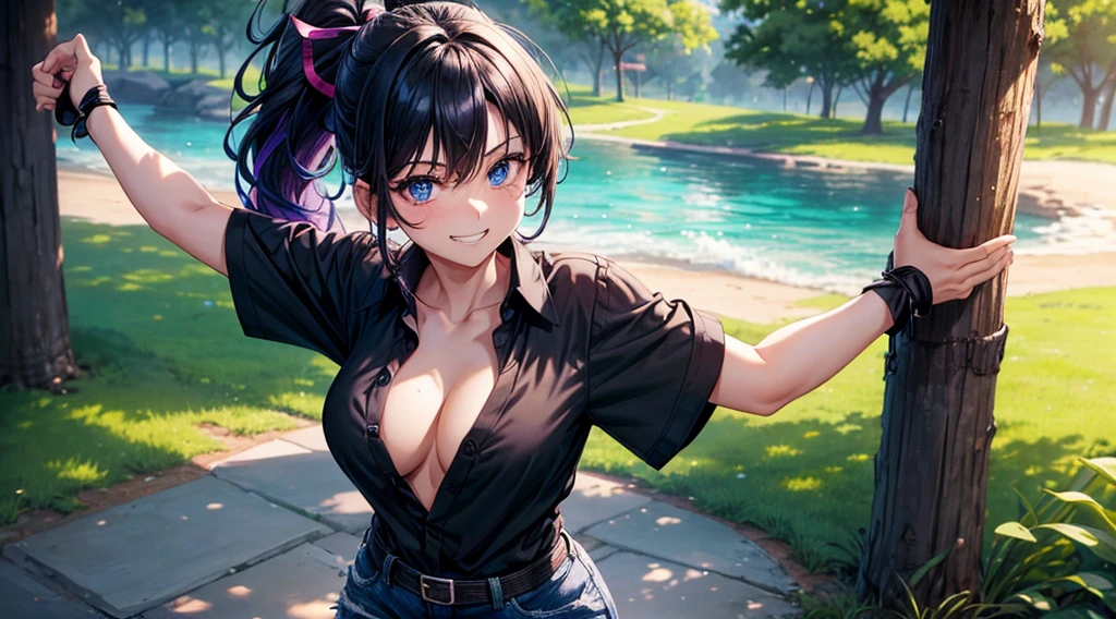 1girl, full body, solo, village, trees, colorful hair, curly hair, ponytail, large breasts, button down shirt, ninja, ((black shirt)), ((unbuttoned shirt)), ((short sleeved shirt)), blue eyes, black shorts, katana, grin, looking at the viewer, ((standing)), hair ribbon, bandage