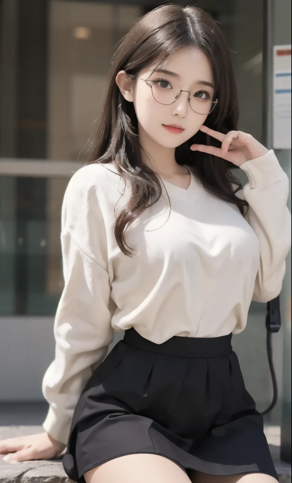 Ulzzang-6500-v1.1, (raw photos:1.2), (realistic:1.4), Beautiful girl with details, very detailed eyes and face, Beautifully detailed eyes, Ridiculous, incredibly Ridiculous, Big file size, Extremely detailed, high resolution, very detailed, best quality, Masterpiece, ((colorful fashion clothes)), illustration, very detailed, CG, unified, 8k wallpaper, miraculous, great details, Masterpiece ,best quality, very detailed CG uniform 8k wallpaper, light on face, movie light, 1 girl, , long white hair, Side separation, (big breasts), (no panties)), (glasses), ((dynamic gesture))), ((sexy pose))), (camel toe), (half), (tights)), ((black hip skirt)), nude
