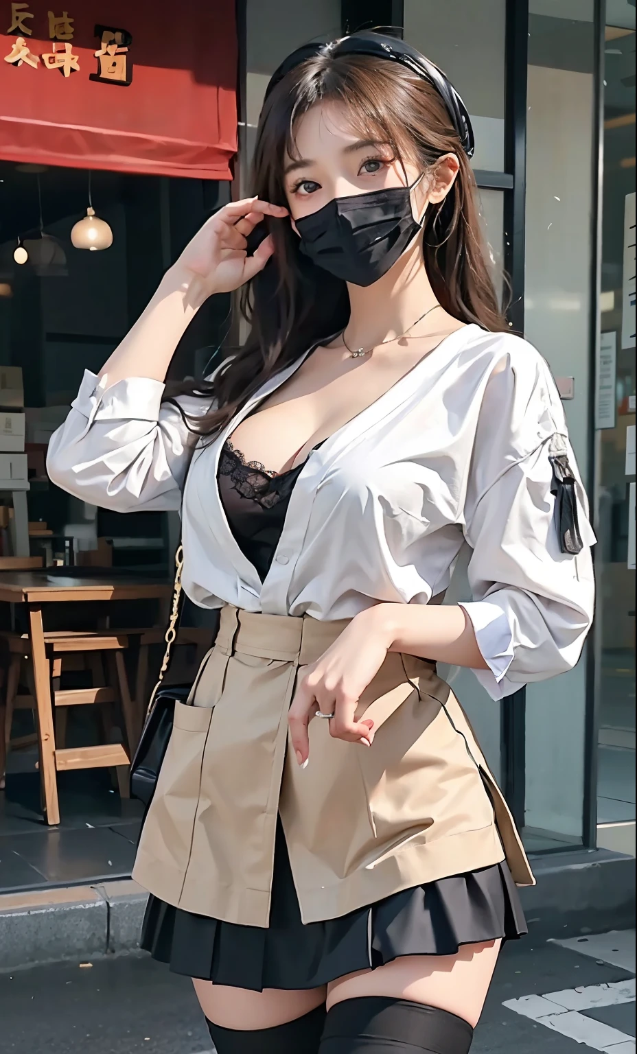 ulzzang-6500-v1.1, (RAW photogr:1.2), (realisticlying:1.4), Beautiful Meticulous Girl, The is very detailed eyes and face, 美丽细致的眼睛, absurd res, incredibly absurd res, The file size is huge, 超詳細, A high resolution, The is very detailed, Best quality at best, tmasterpiece, ((Fashion clothing，Diverse colors)), illustratio, The is very detailed, CG, unified, 8k wallpaper, Amazing Cleavage, finedetail, tmasterpiece ,Best quality at best, The is very detailed CG uniform 8k wallpaper, There is light on the face, 电影灯光, 1 girl,  old, Long white hair, Lateral fissures), (Cap cap)), (eye glass), ((dynamicposes))), ((a sexy pose))), (Camel toes), (halfway), (lacepantyhose)), ((Black hip skirt))