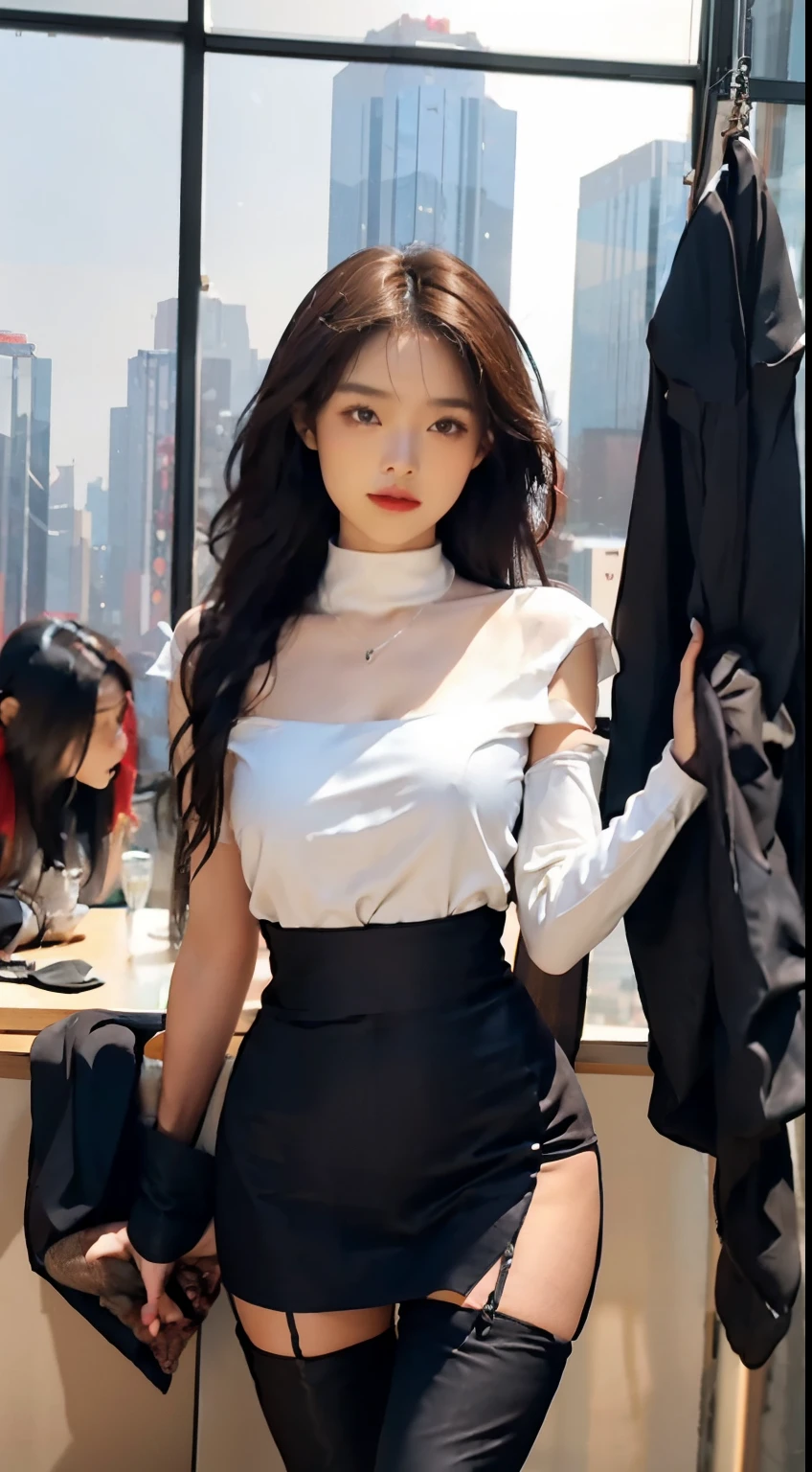 ((midynight, need, 8K, tmasterpiece:1.3)),one-girl, Full body lesbian, legs long, focal:1.2, Beautiful woman with perfect body:1.4, Slim abs:1.1, ((dark brown hair, Colossal tits:1.2 )), (white tight shirt, office uniform,black silk skirt, The stands up:1.2), ((city night scene,Office floor-to-ceiling windows:1.3)), Highly Detailed Face and Skin Textur, 詳細な目, largeeyes,Cute face,(( eye glass)),Alafeld Asian people woman posing for photo in shirt and short black silk skirt, very sexy outfit, sexy style, Asian people, , Sexy Wear, and sexy belly, Fascinating,Fascinating, Sexy look, stunning high tech, petite,, revealing outfit, and powerful, jaw-droppingly beautiful, of ladielacksilk:1.5 )),((Black stockings:1.5 ))